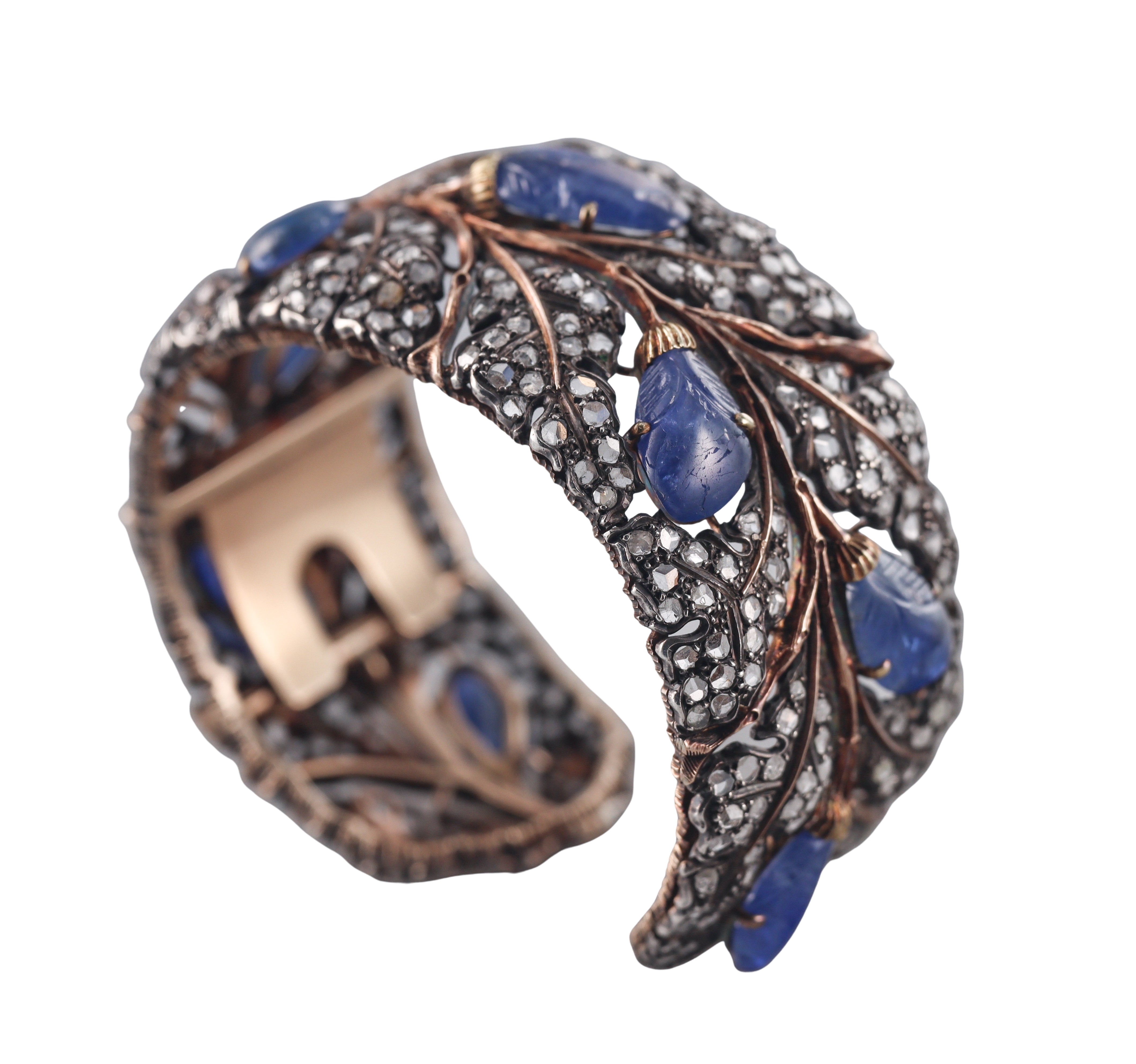 Vintage Buccellati Carved Sapphire Diamond Gold Silver Cuff Bracelet