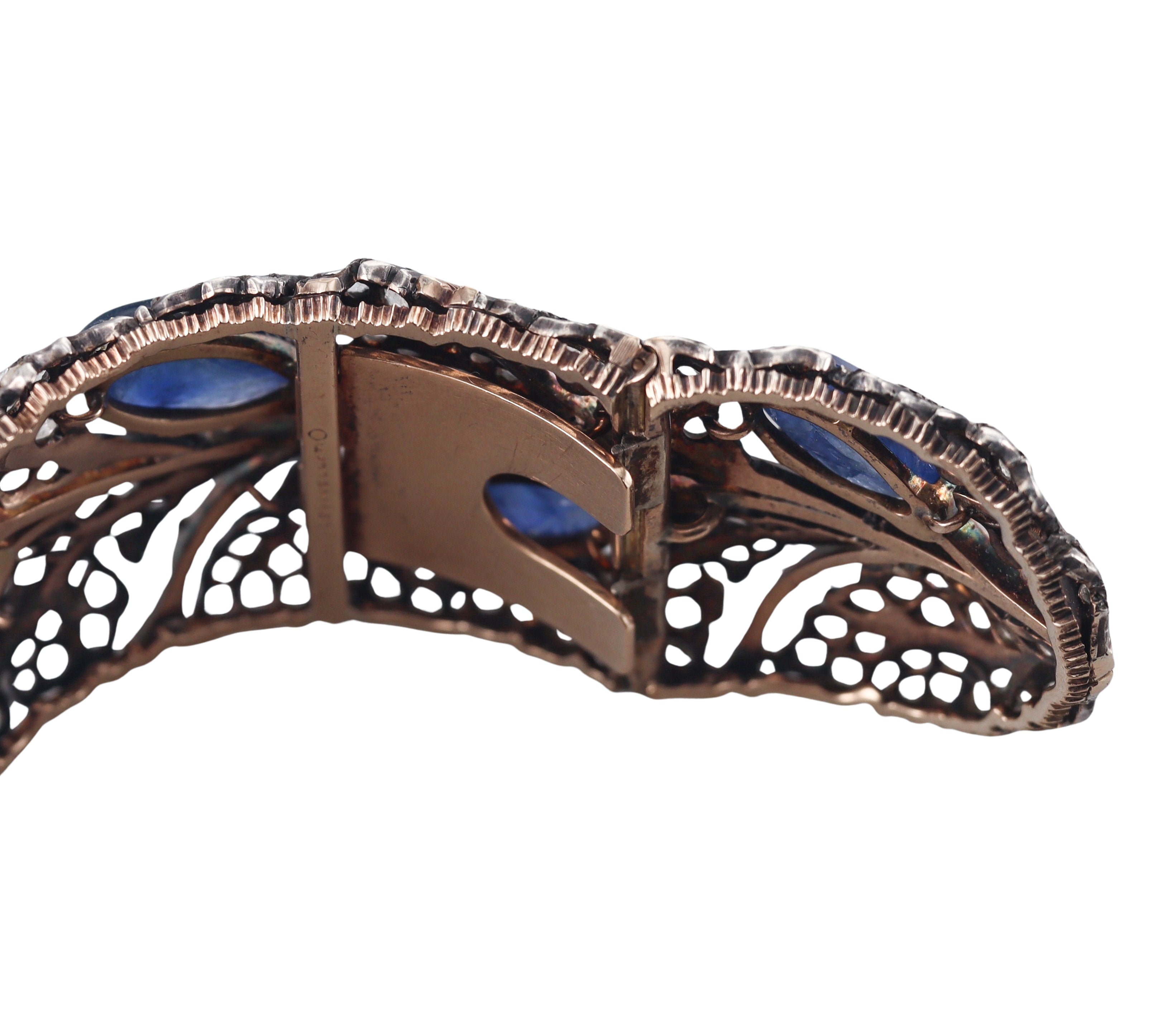Vintage Buccellati Carved Sapphire Diamond Gold Silver Cuff Bracelet