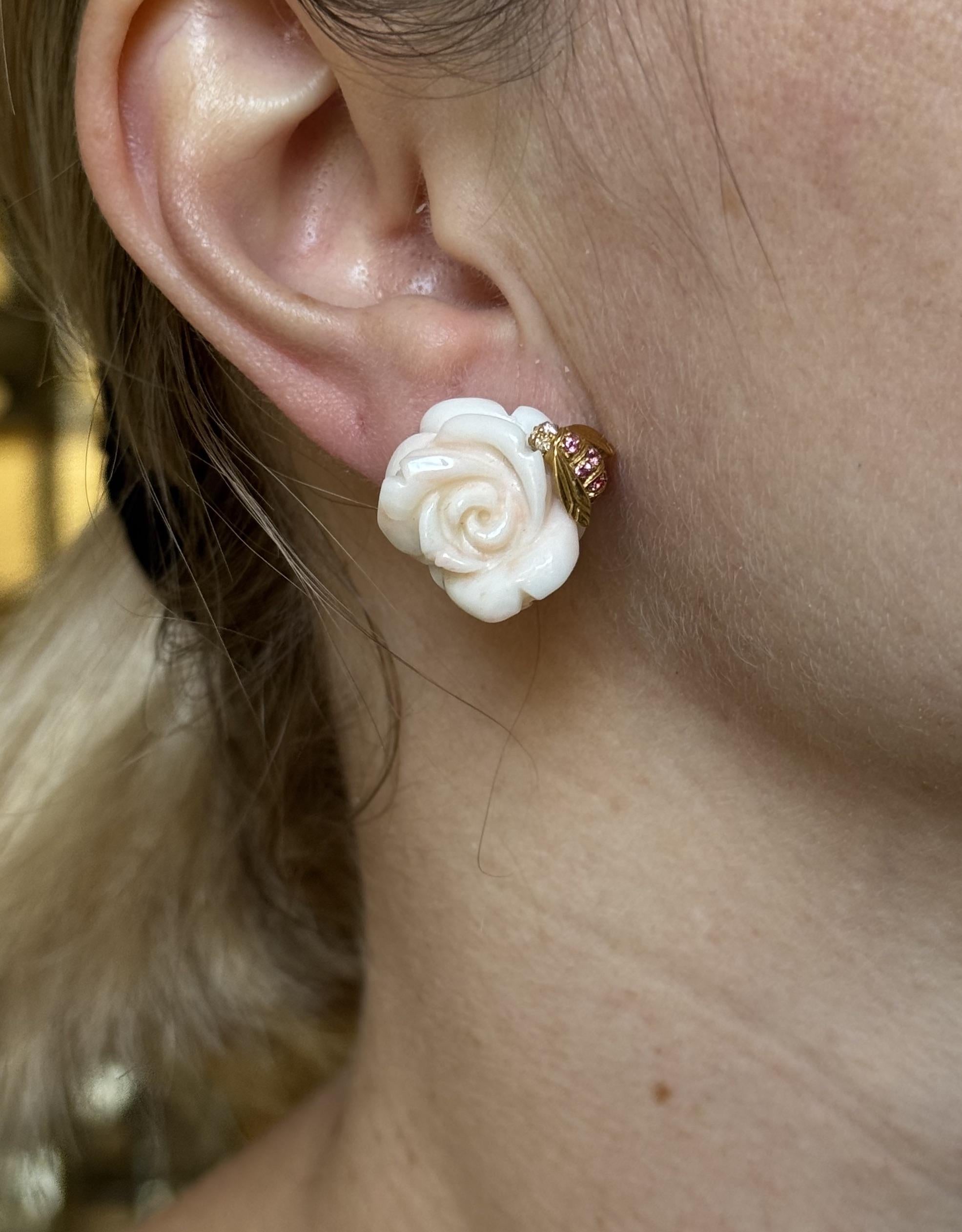 Christian Dior Rose Pre Catelan Coral Diamond Sapphire Flower Earrings
