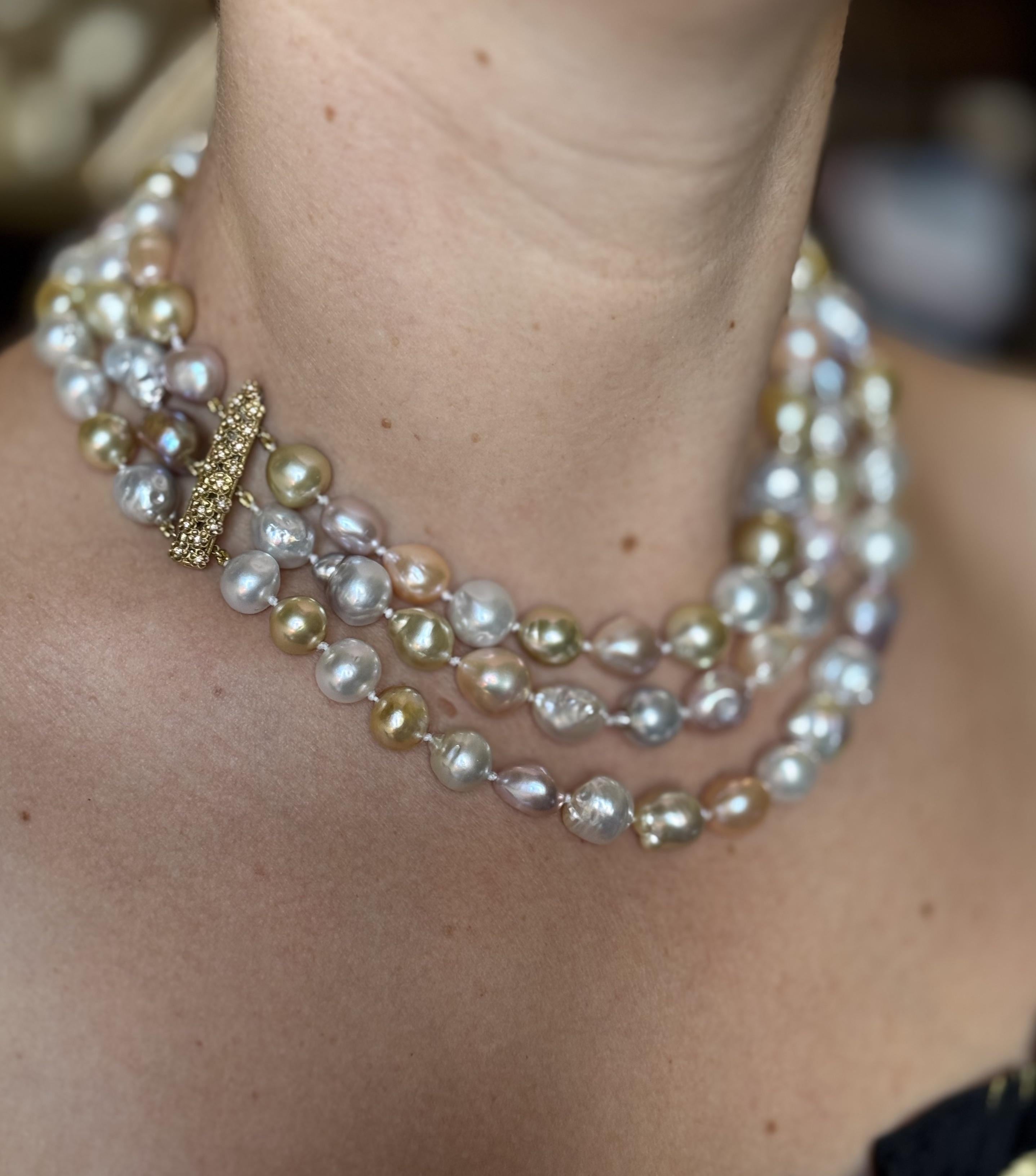 Paul Morelli Pearl Diamond Gold Three Strand Necklace