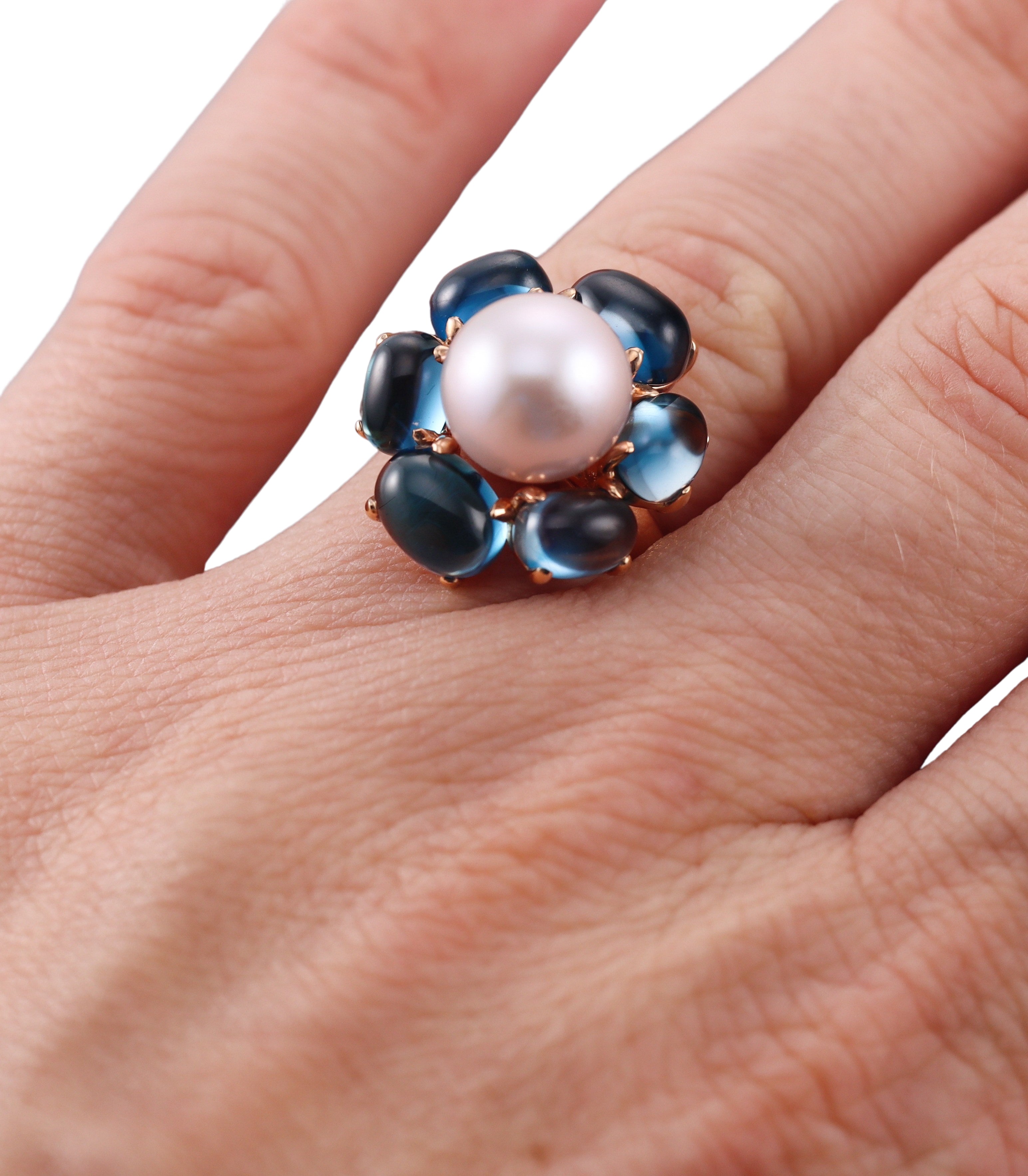 Mimi Milano Leela London Blue Topaz Pearl 18k Gold Flower Ring