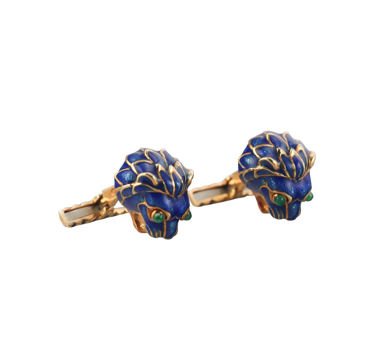 David Webb Enamel Emerald Lion Head Cufflinks Studs Set