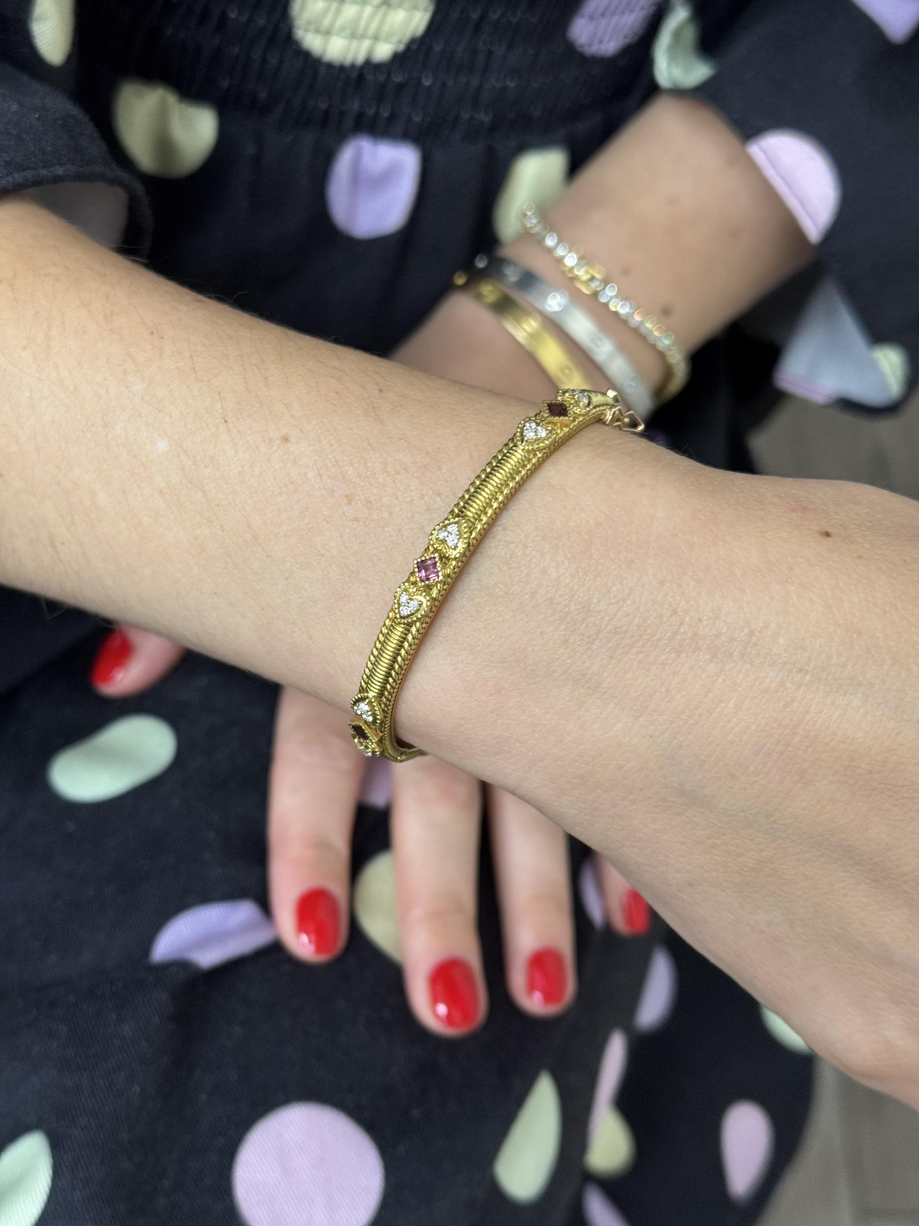 Judith Ripka Diamond Pink Tourmaline Gold Bangle Bracelet