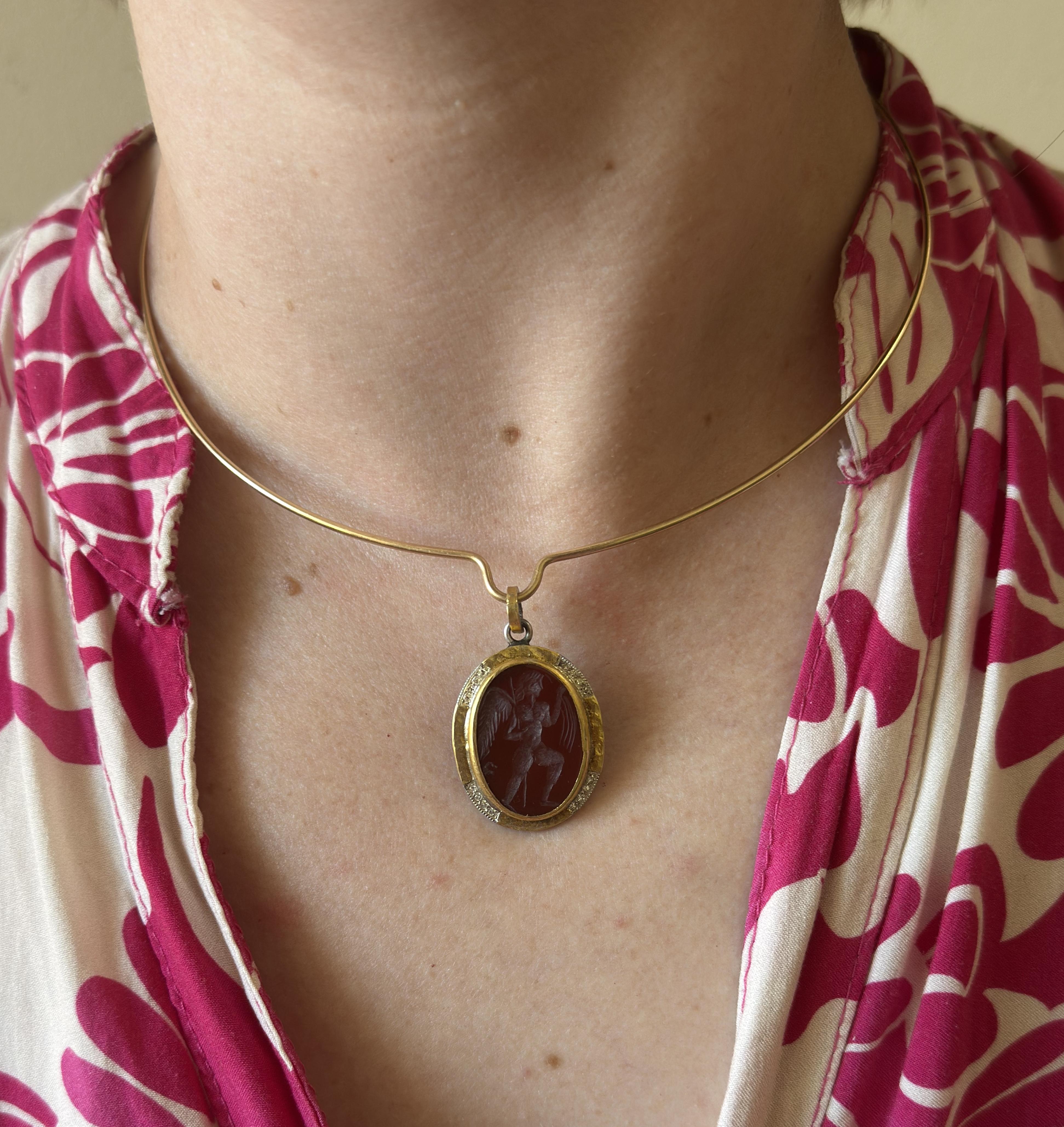 Ancient Inspired Silver Gold Diamond Agate Intaglio Athena Pendant