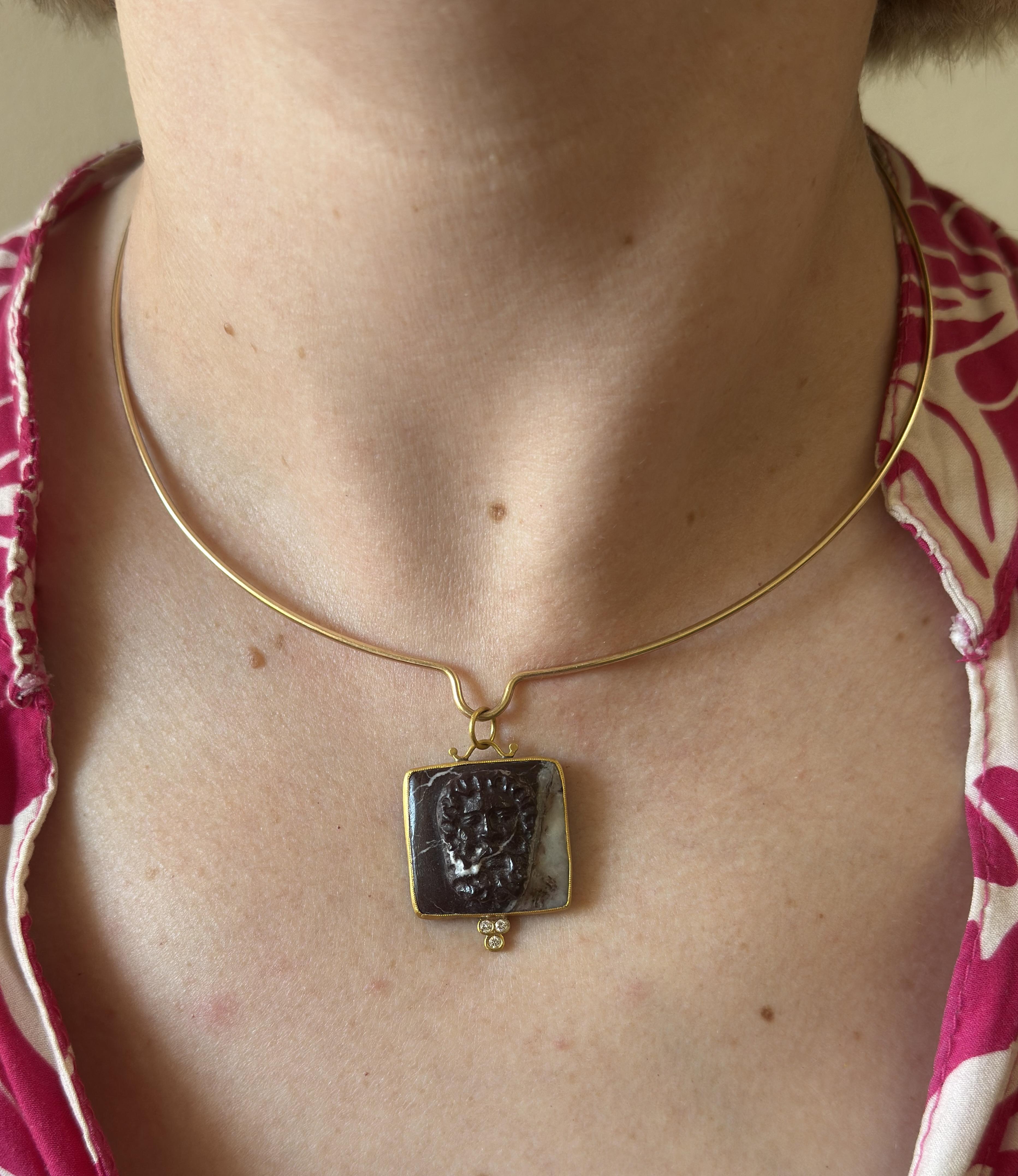 Ancient Inspired Silver Gold Diamond Hardstone Cameo Neptune Pendant