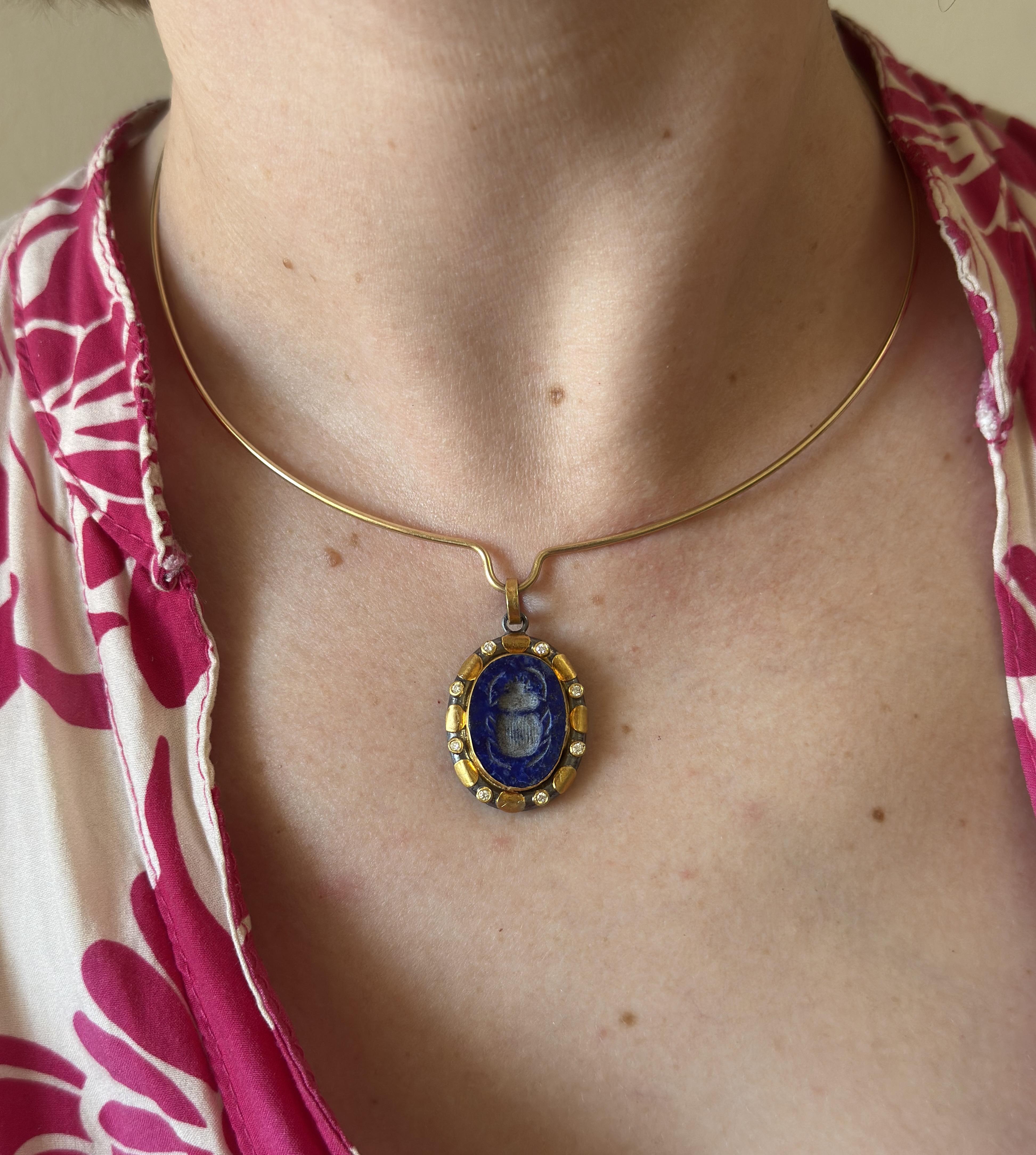 Ancient Inspired Silver Gold Diamond Lapis Intaglio Scarab Bug Pendant