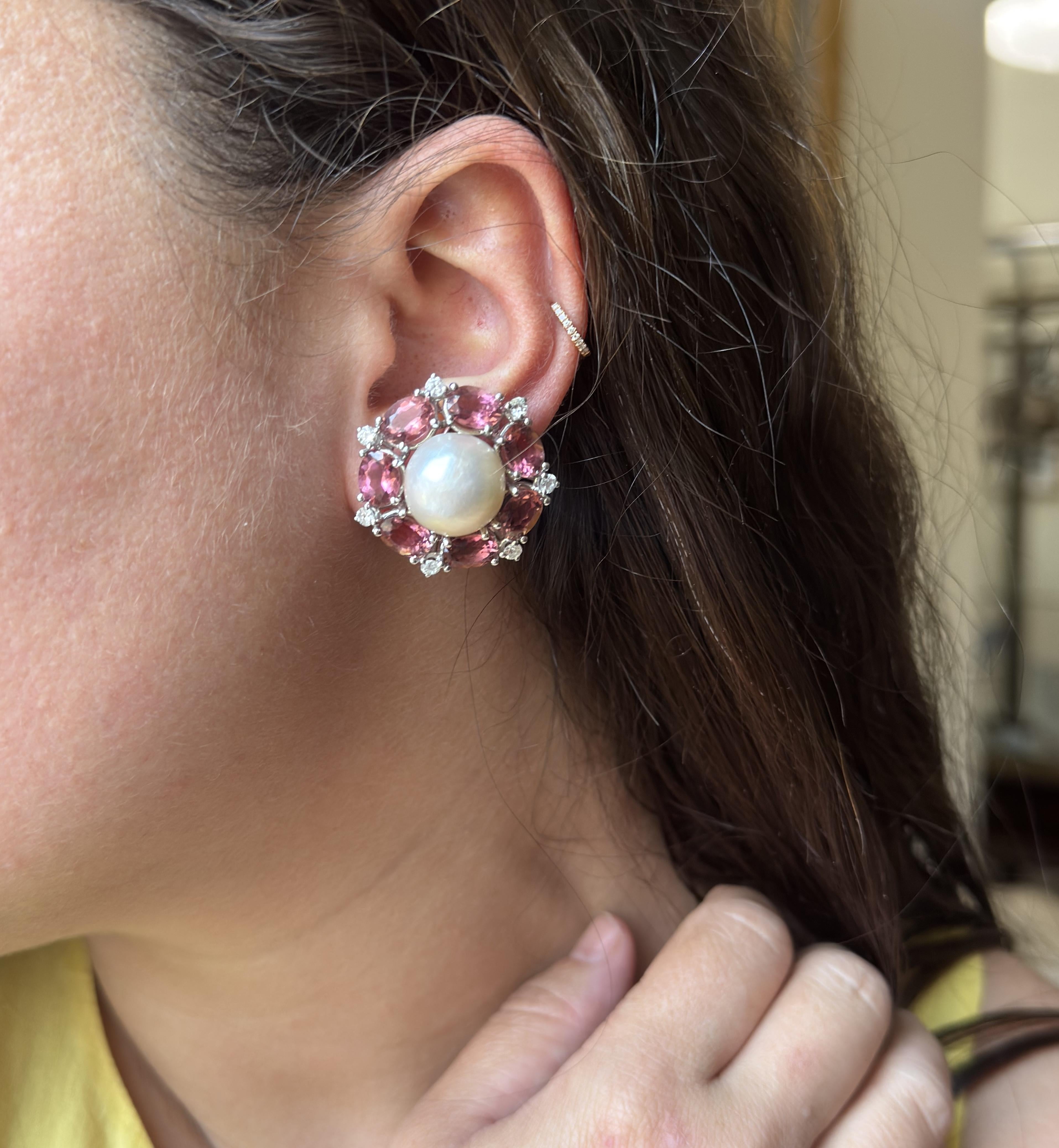 Seaman Schepps Pink Tourmaline Diamond Mabe Pearl Gold Earrings