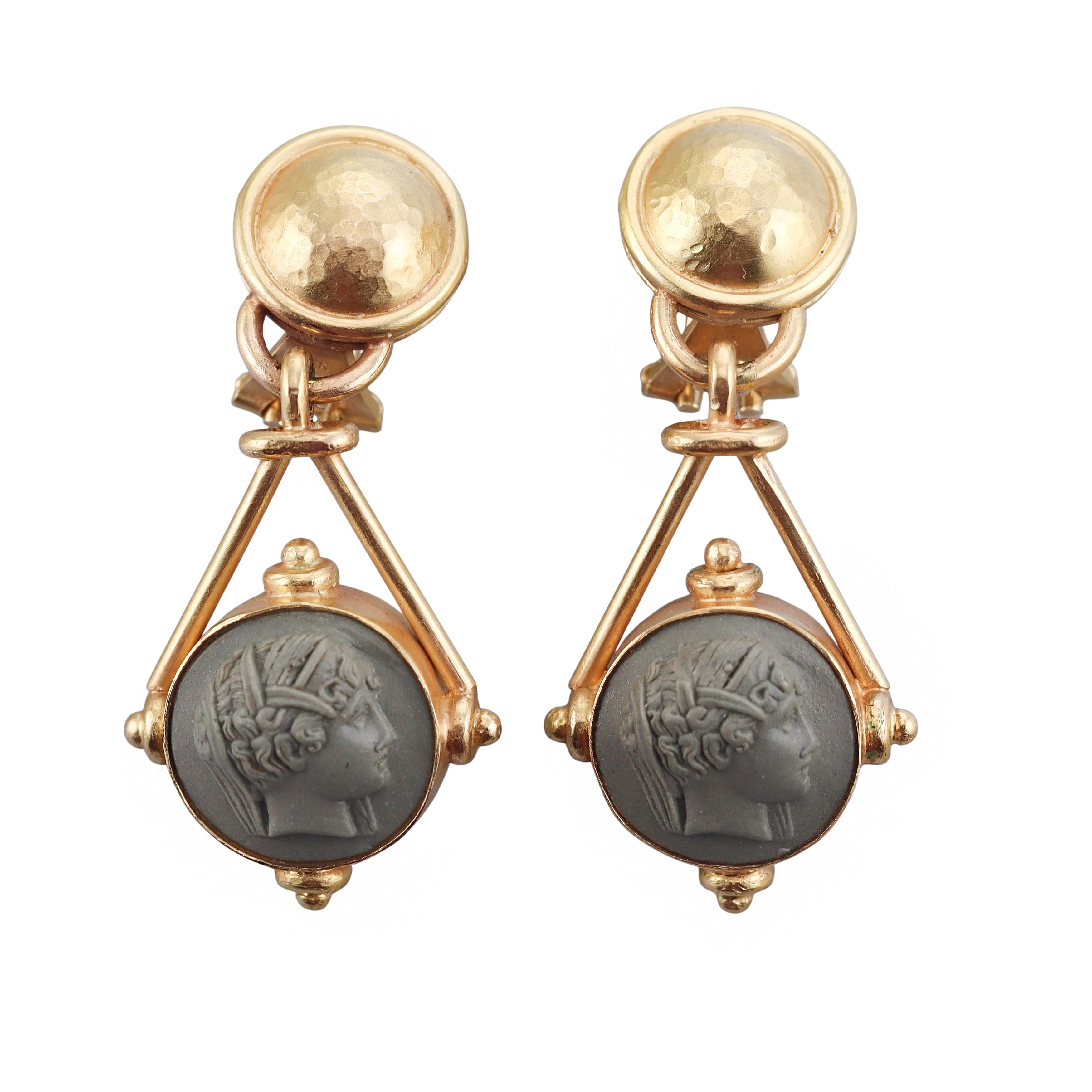 Elizabeth Locke Lava Cameo Gold Drop Earrings
