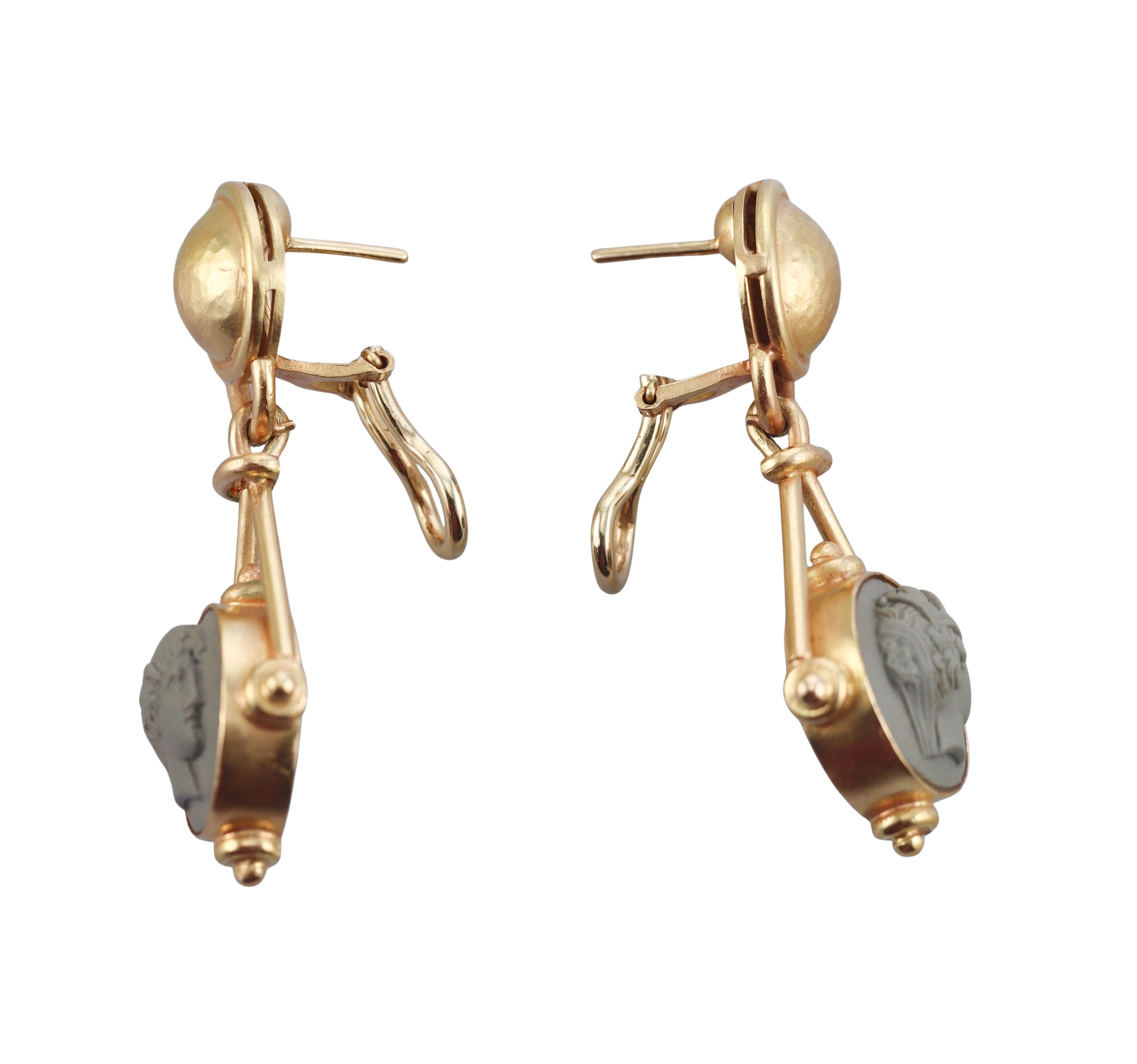 Elizabeth Locke Lava Cameo Gold Drop Earrings