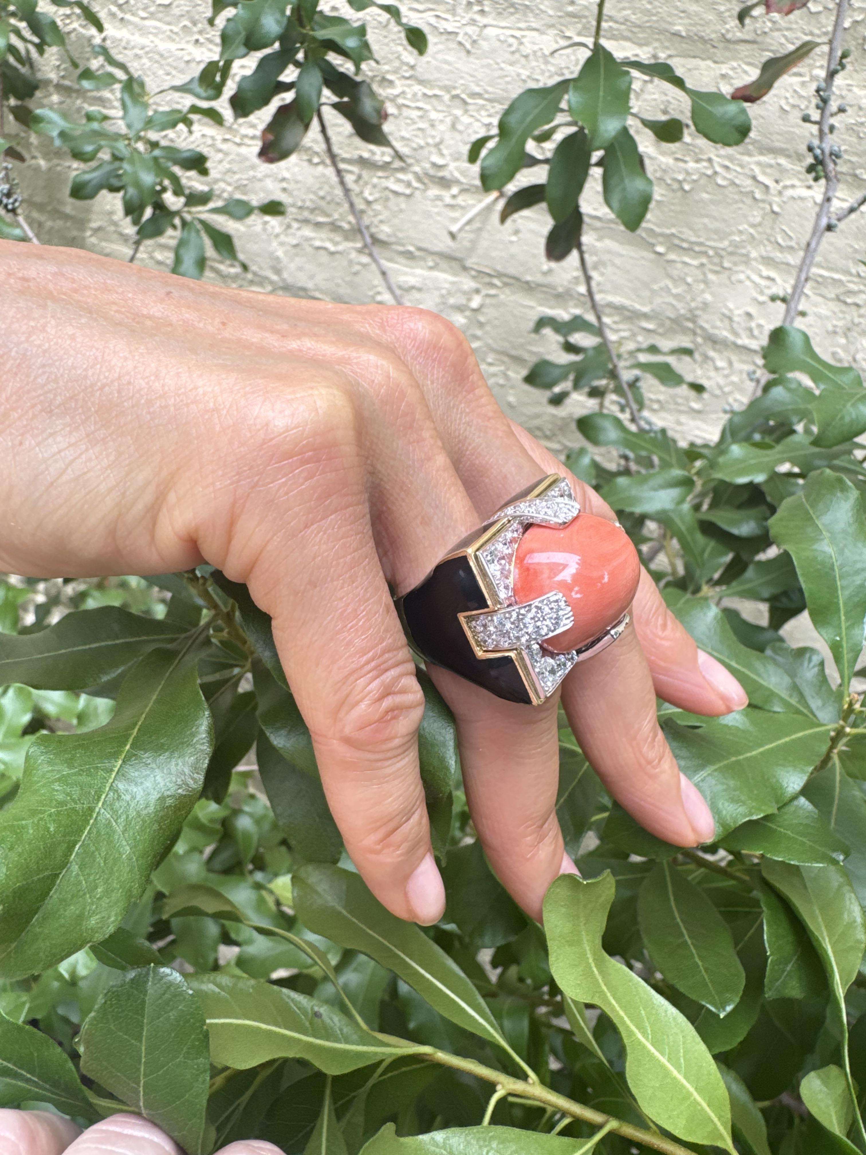 David Webb Grand Central Coral Diamond Enamel Gold Platinum Ring