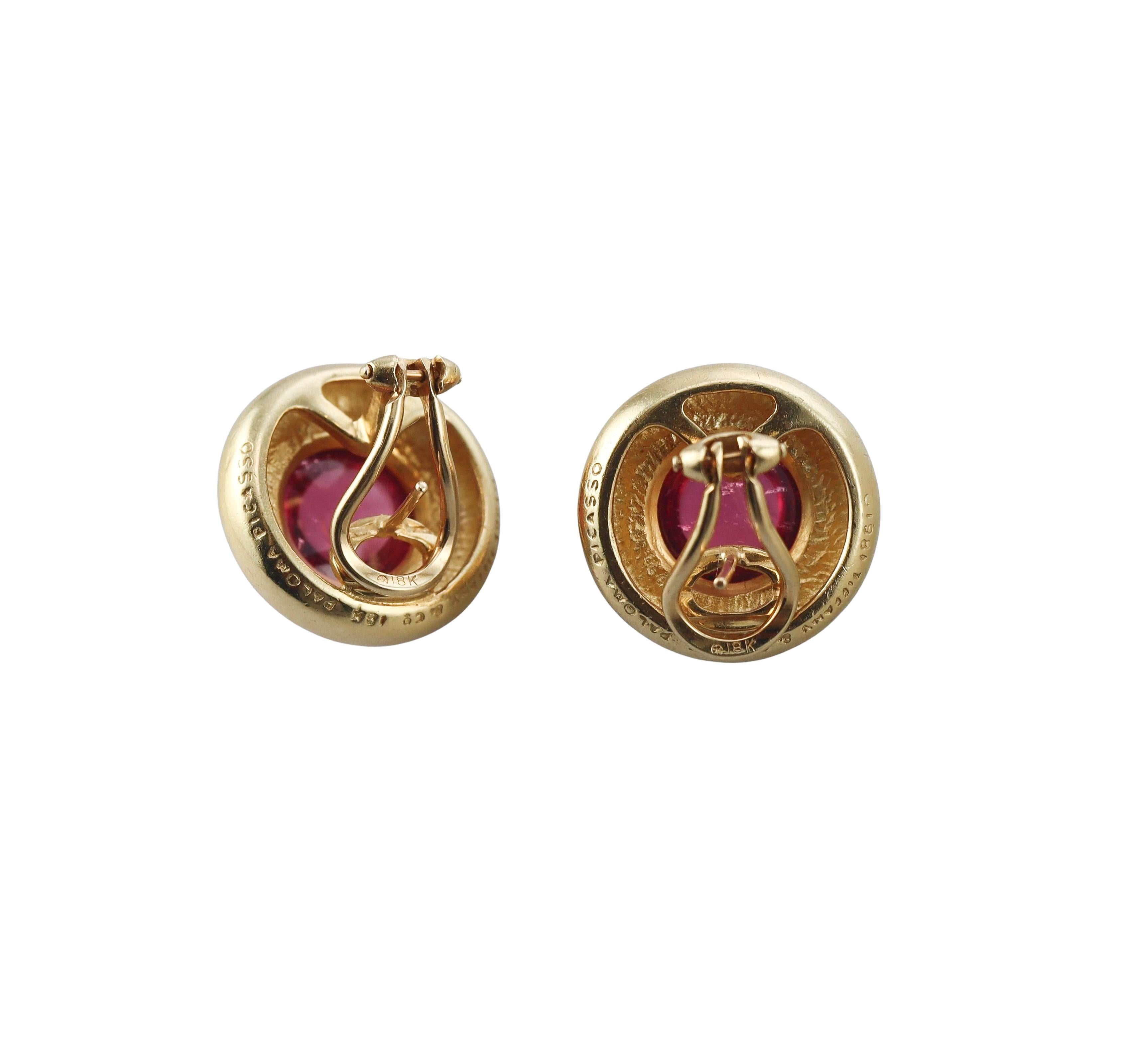 Tiffany & Co Paloma Picasso Pink Tourmaline Gold Button Earrings
