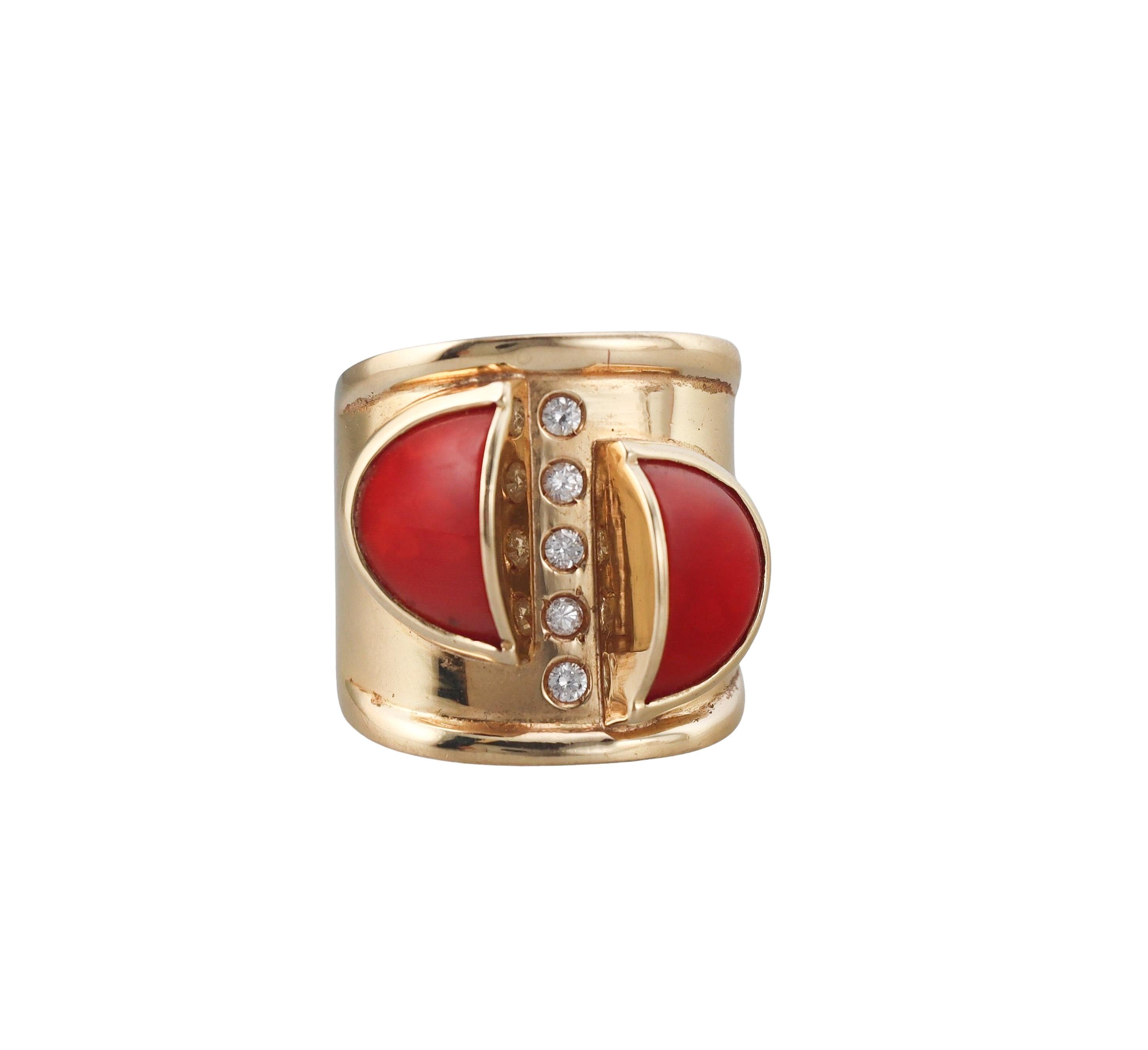 1970s Coral Diamond Gold Wide Band Ring
