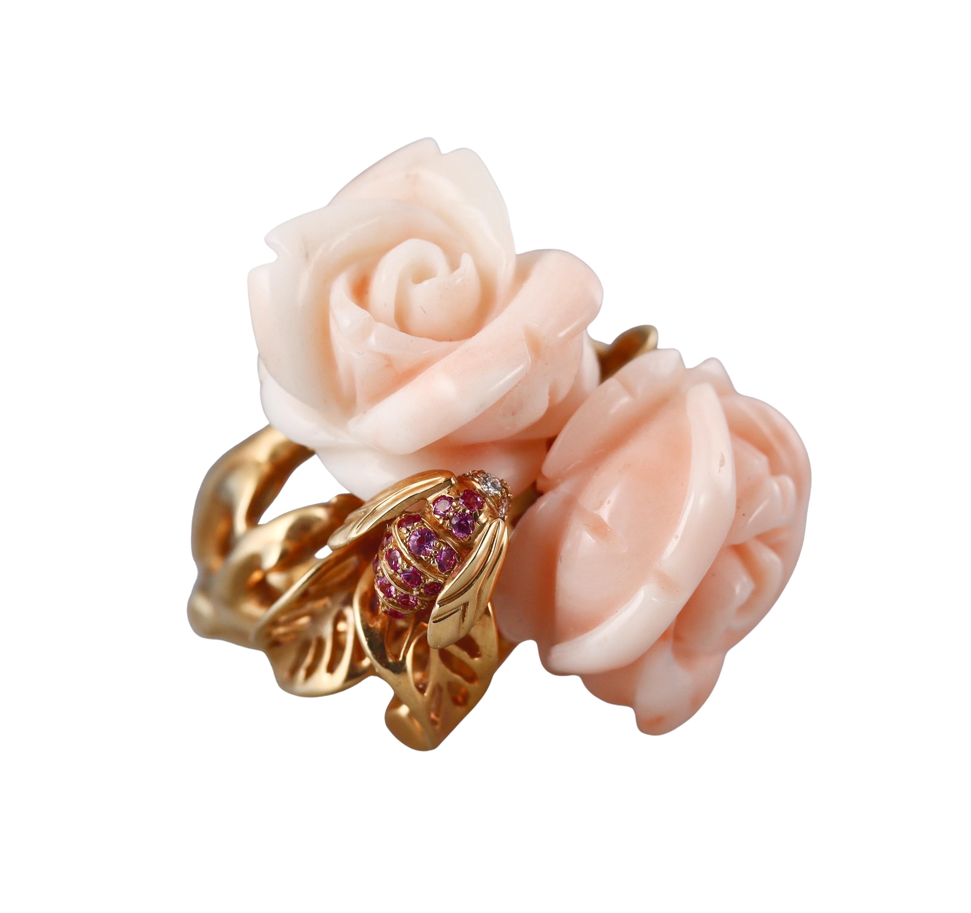 Christian Dior Rose Pre Catelan Coral Diamond Sapphire Flower Ring