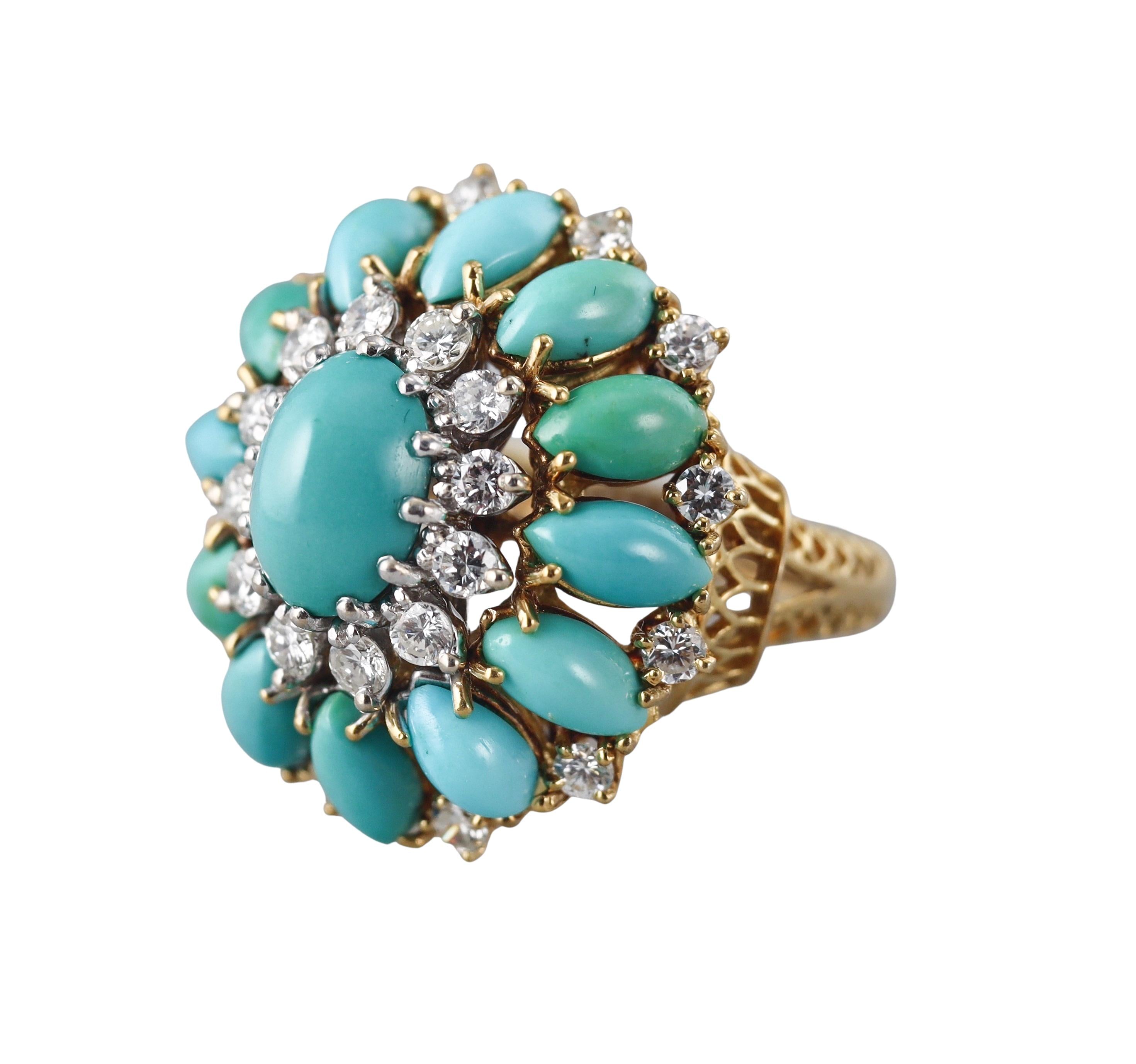 1960s Turquoise Diamond Gold Cocktail Ring