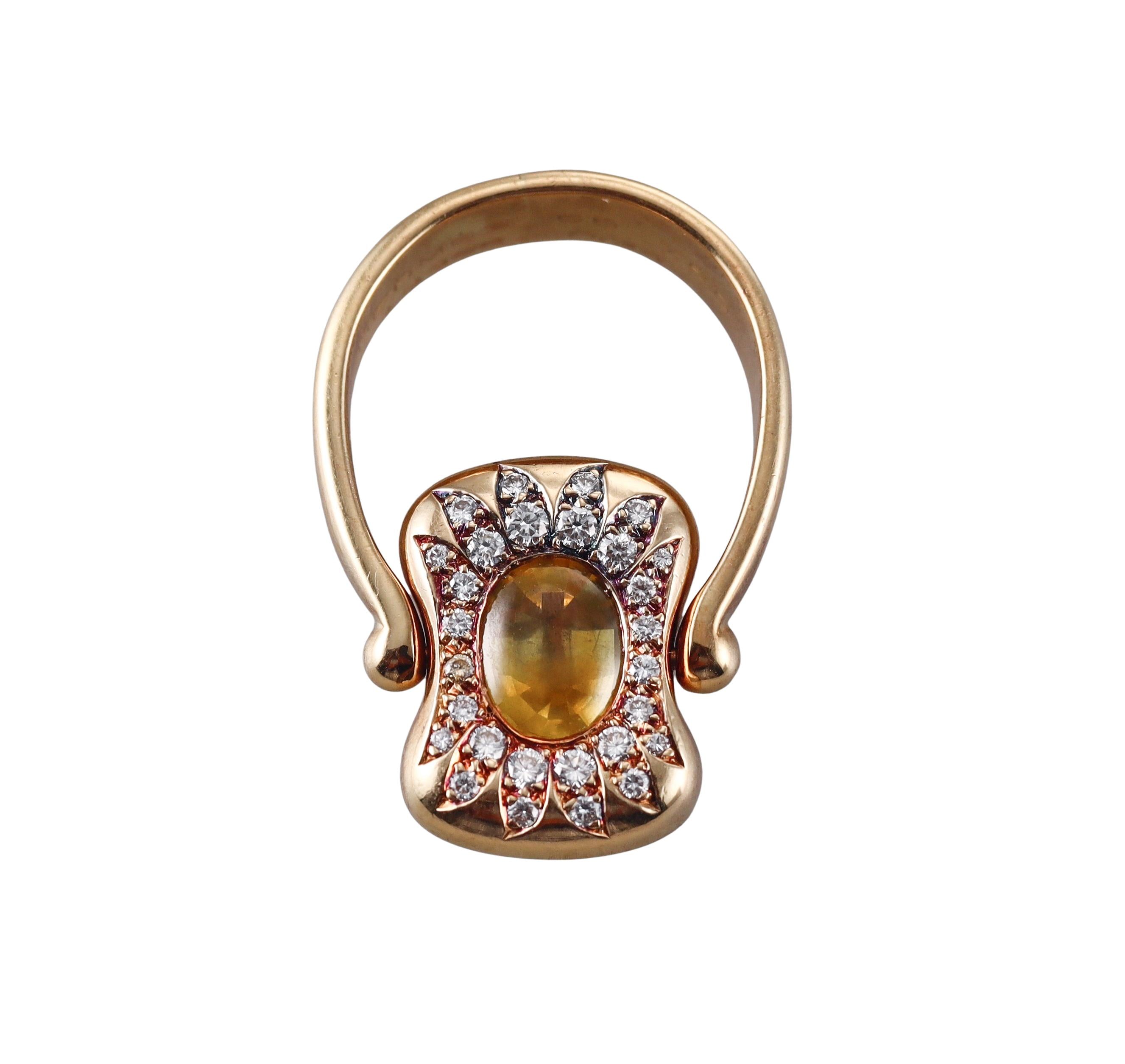 Hermes Vintage Diamond Citrine Gold Flip Ring