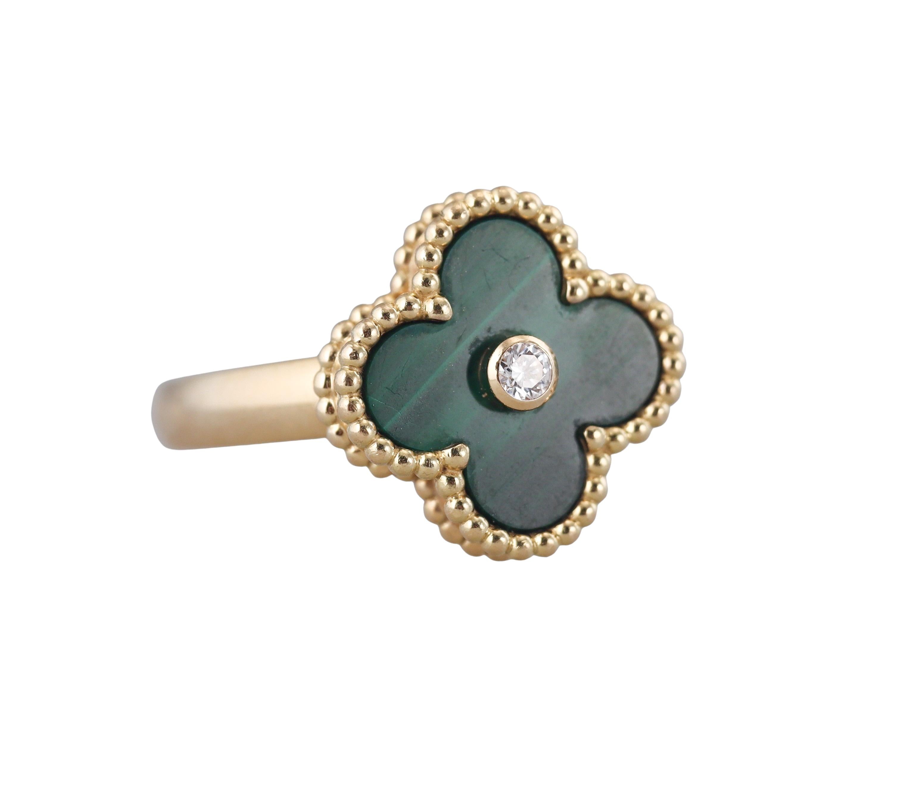 Van Cleef & Arpels Vintage Alhambra Malachite Diamond Gold Ring