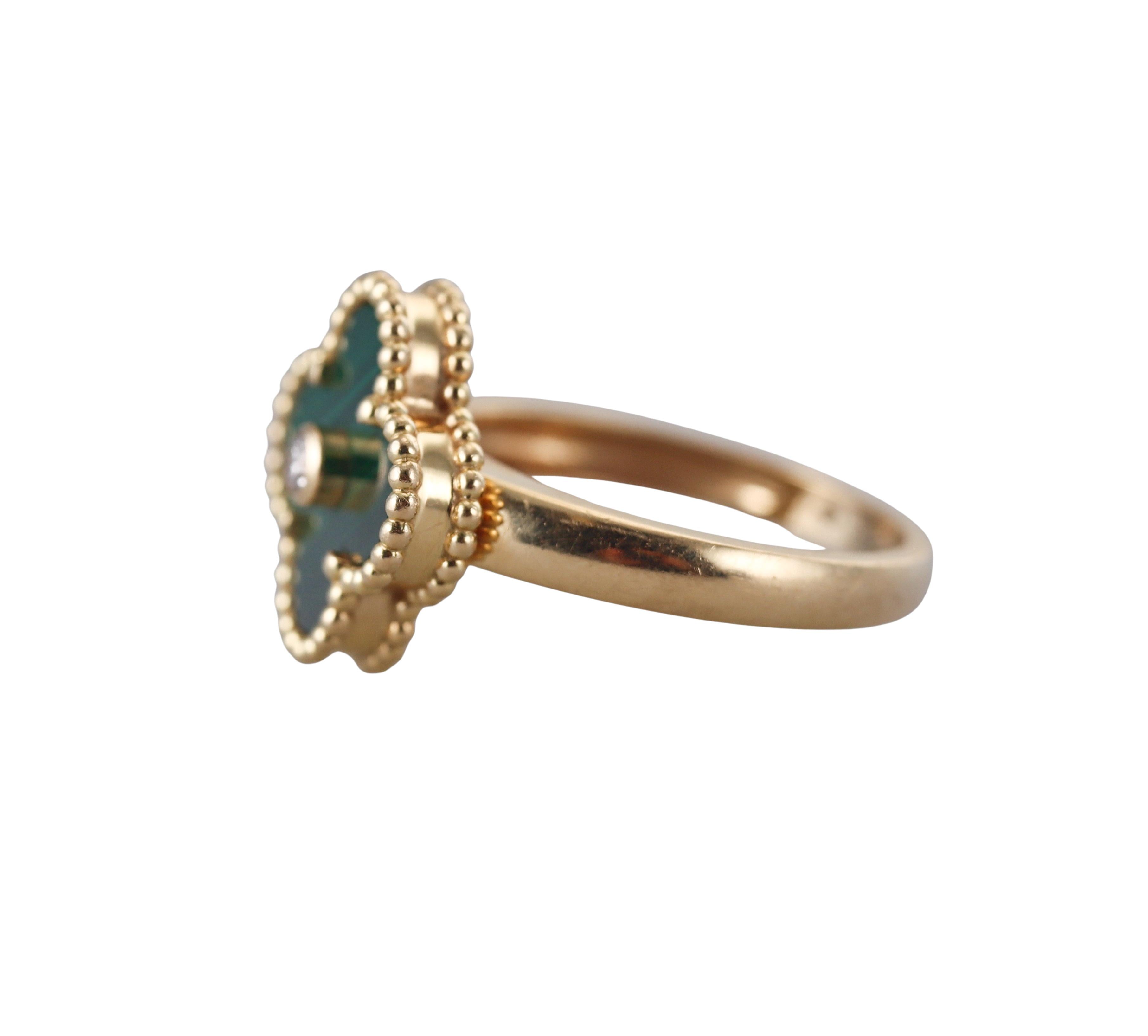 Van Cleef & Arpels Vintage Alhambra Malachite Diamond Gold Ring
