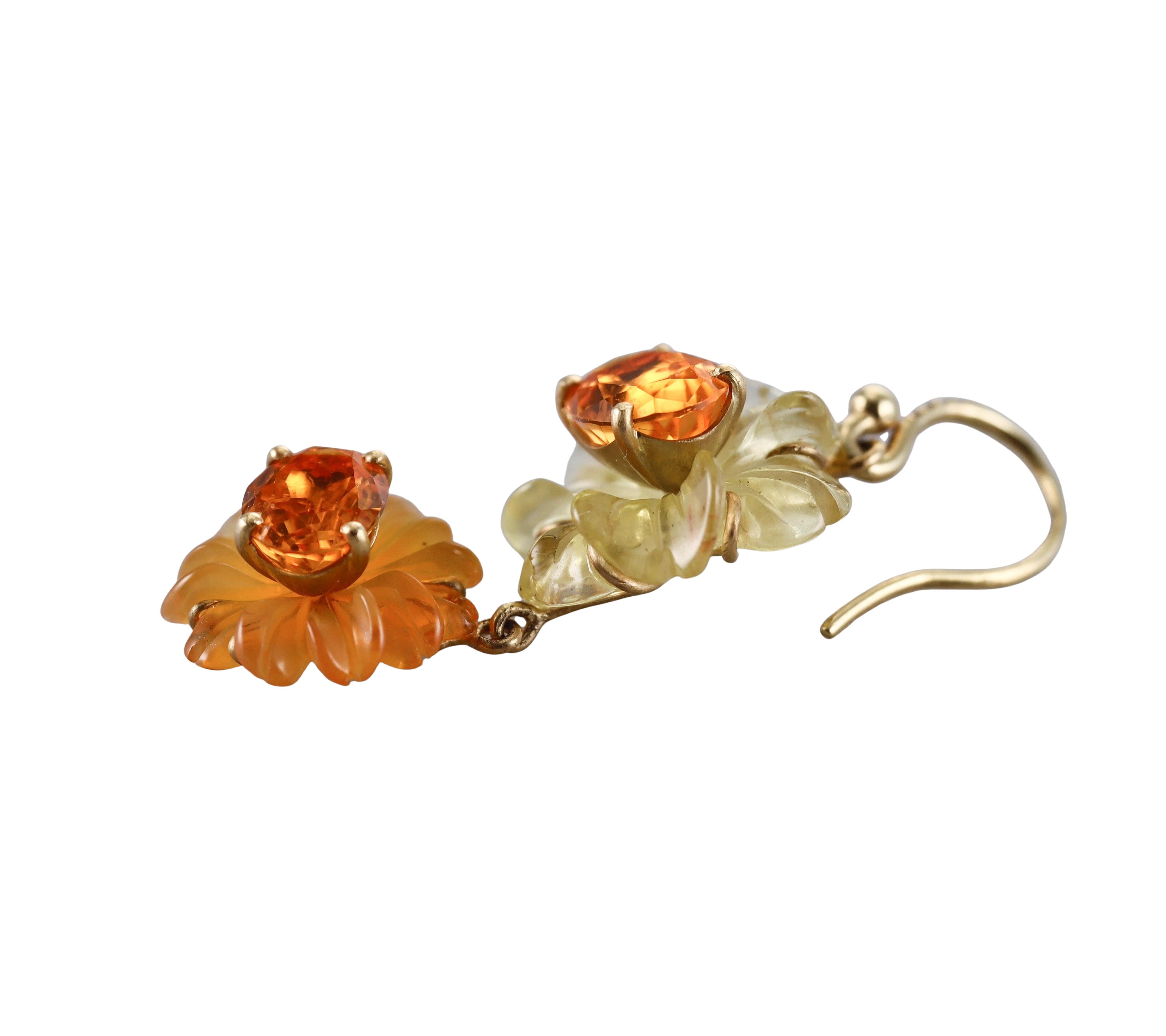 Irene Neuwirth Carved Fire Opal Diamond Gold Flower Drop Earrings