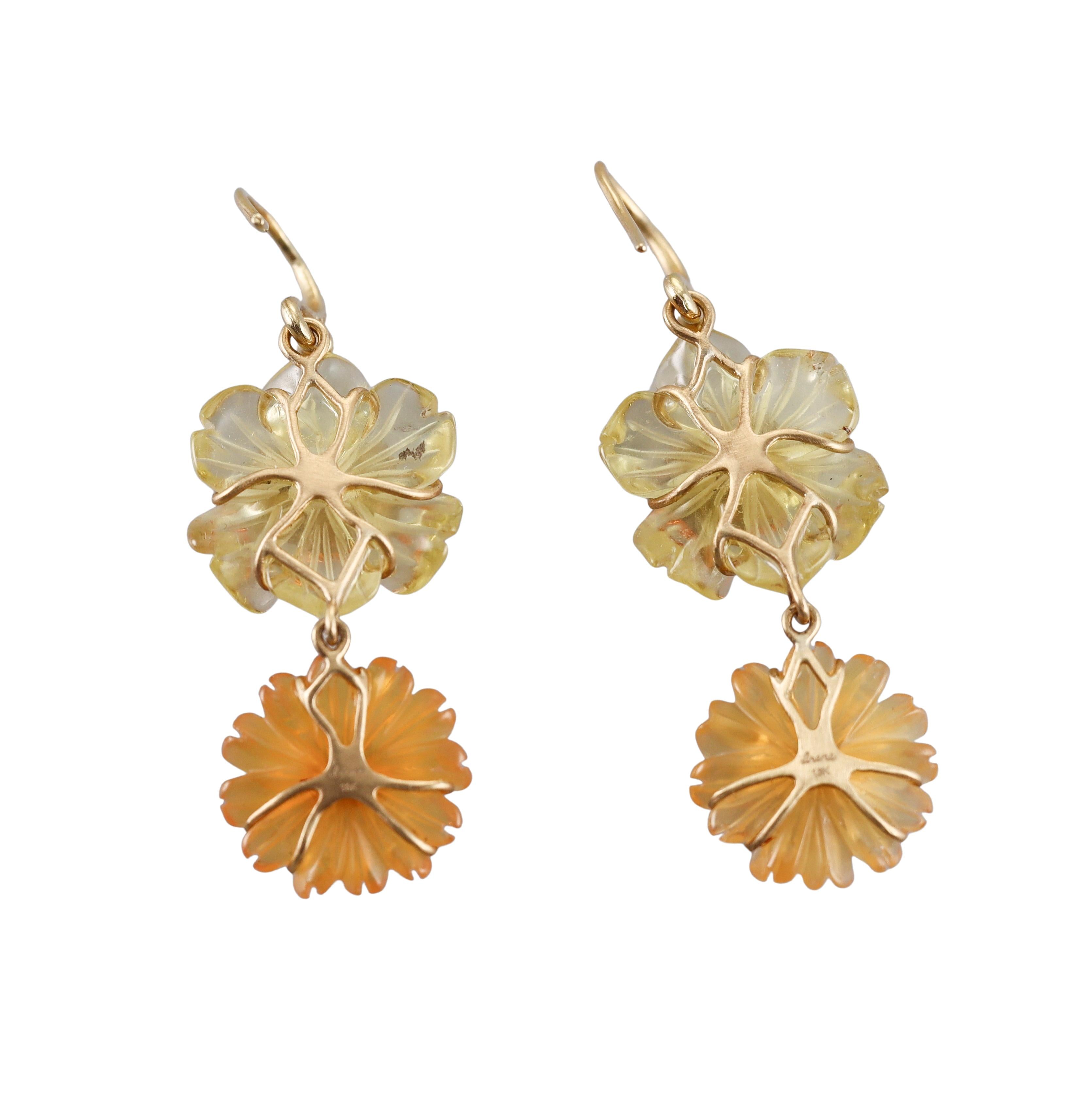 Irene Neuwirth Carved Fire Opal Diamond Gold Flower Drop Earrings