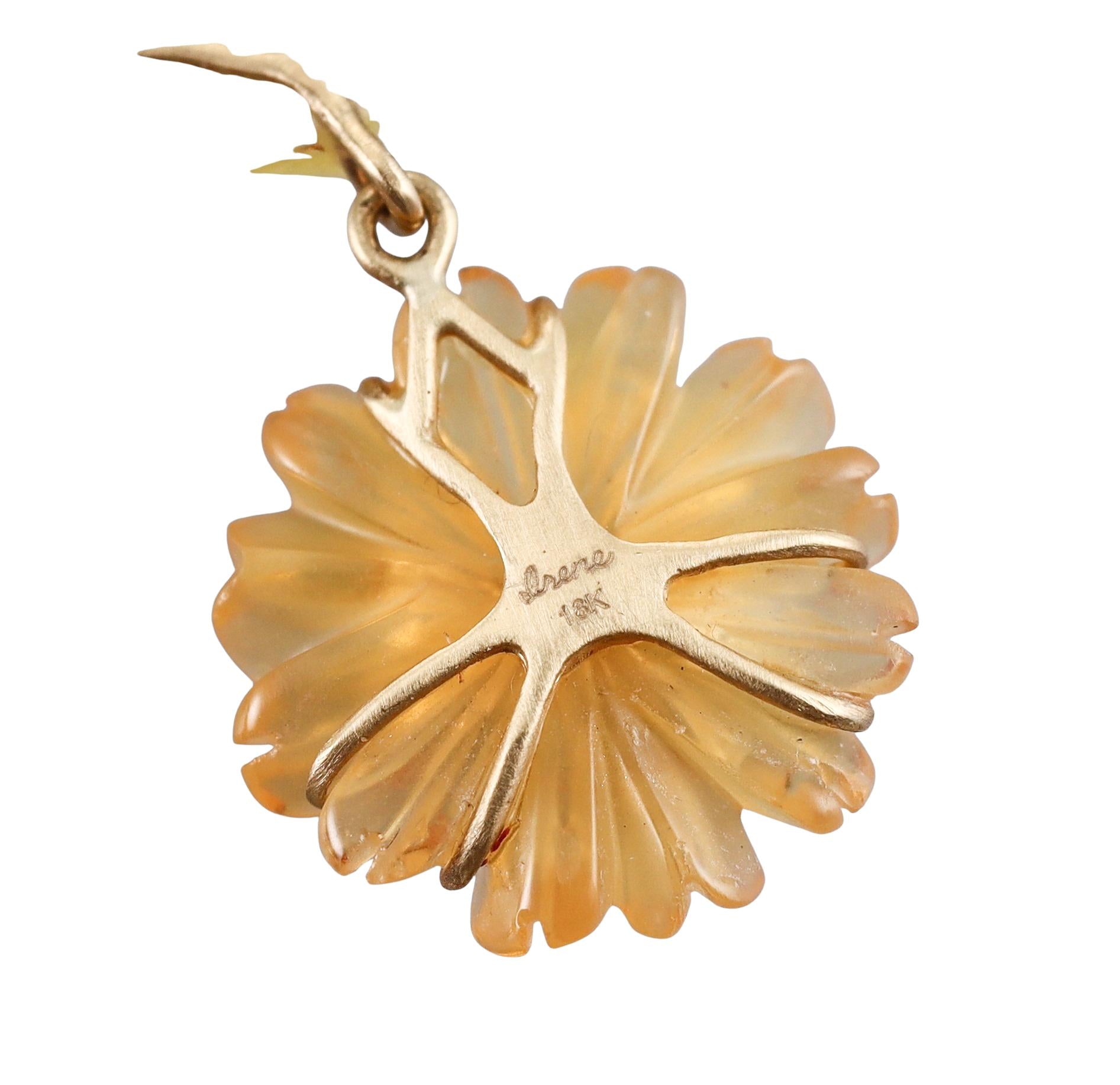 Irene Neuwirth Carved Fire Opal Diamond Gold Flower Drop Earrings