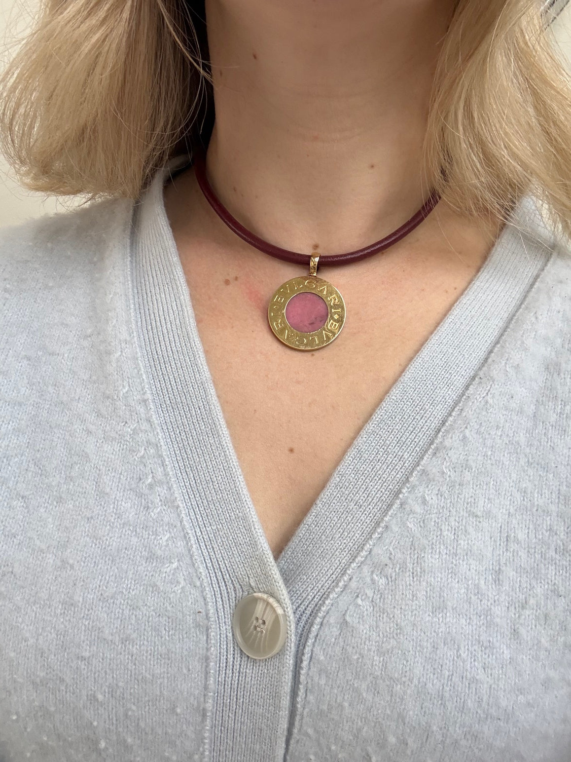 Bulgari Gold Steel Onyx Rhodochrosite Pendant 35mm Cord Necklace
