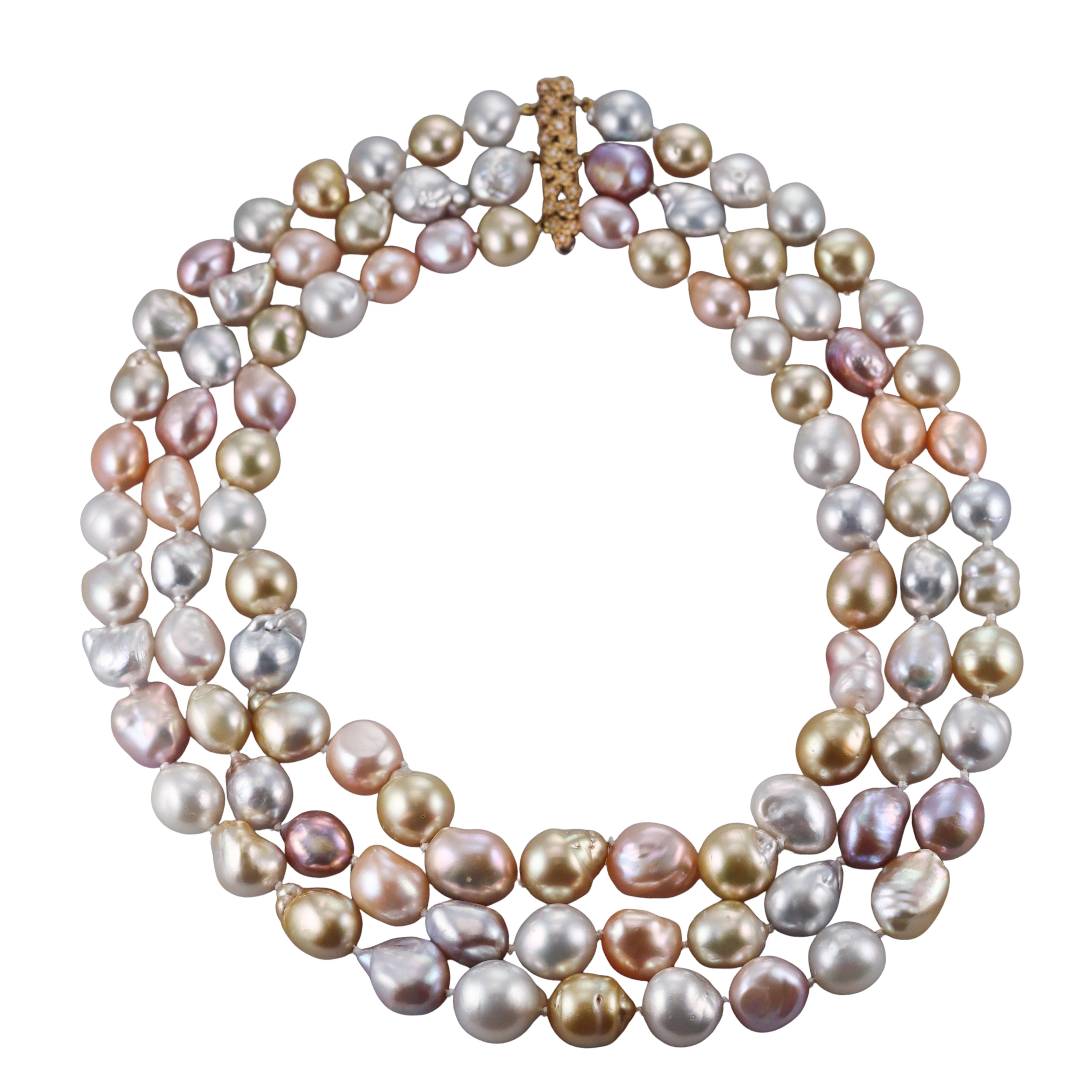Paul Morelli Pearl Diamond Gold Three Strand Necklace