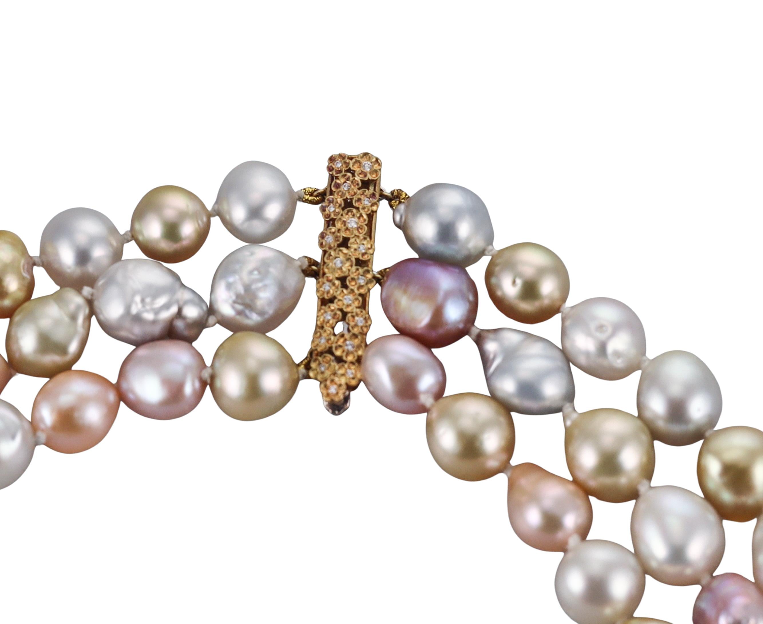 Paul Morelli Pearl Diamond Gold Three Strand Necklace