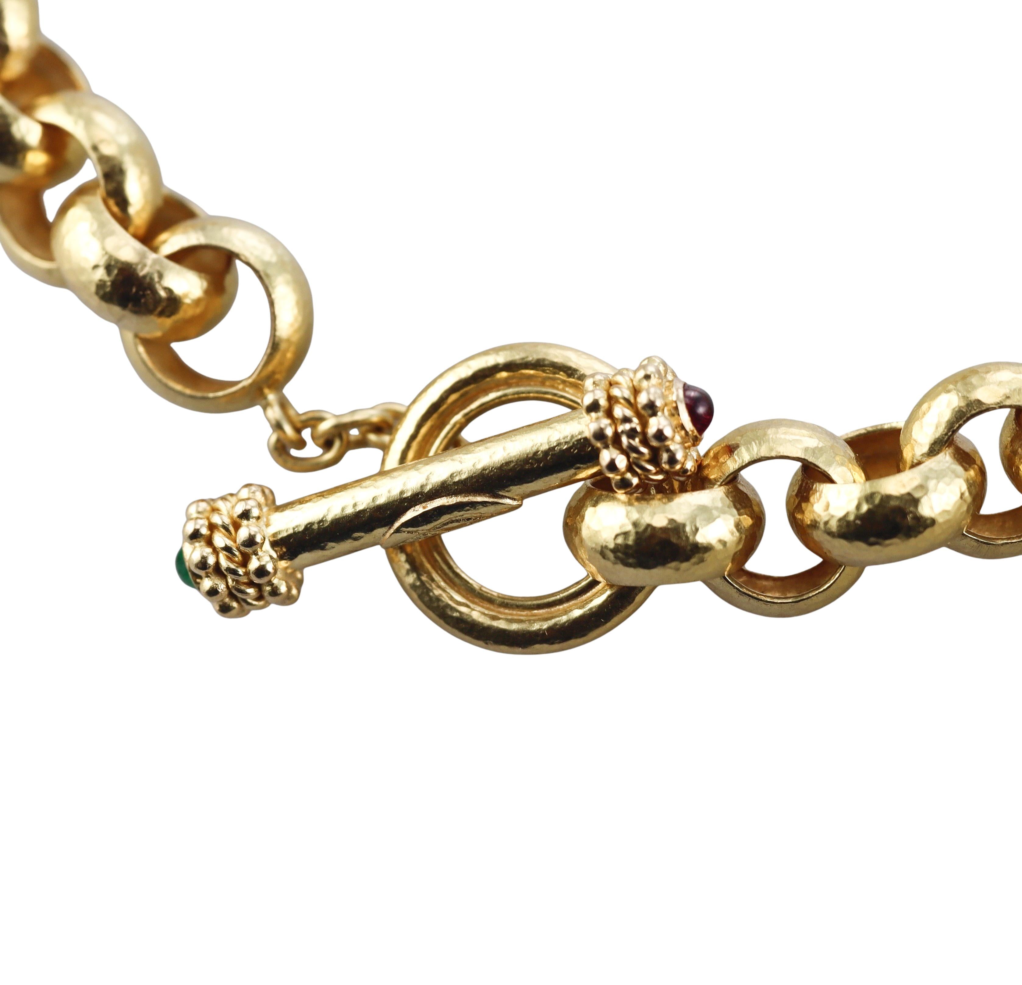 Elizabeth Locke Hammered Link Gold Emerald Ruby Toggle Necklace