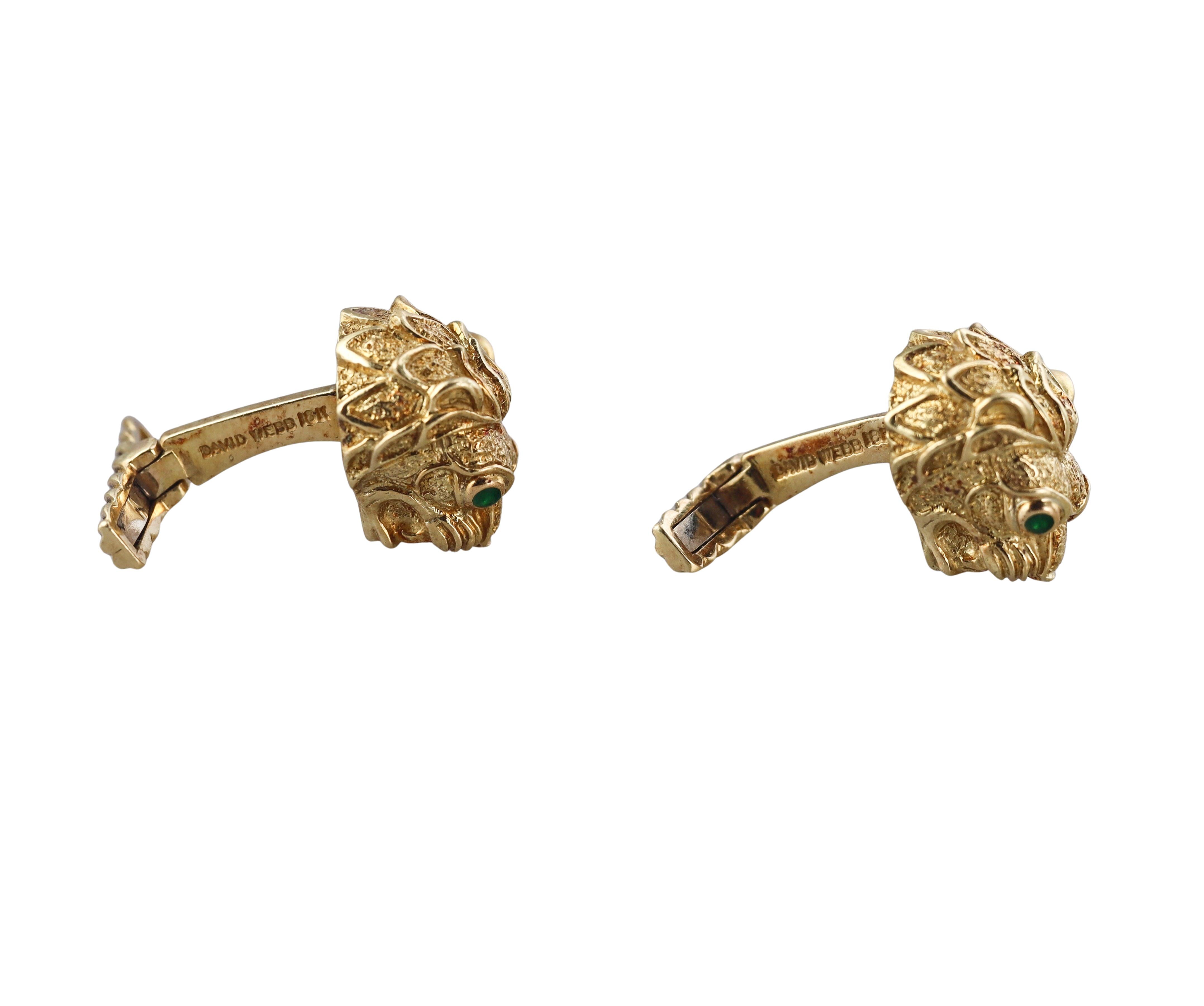 David Webb Emerald Gold Lion Head Cufflinks