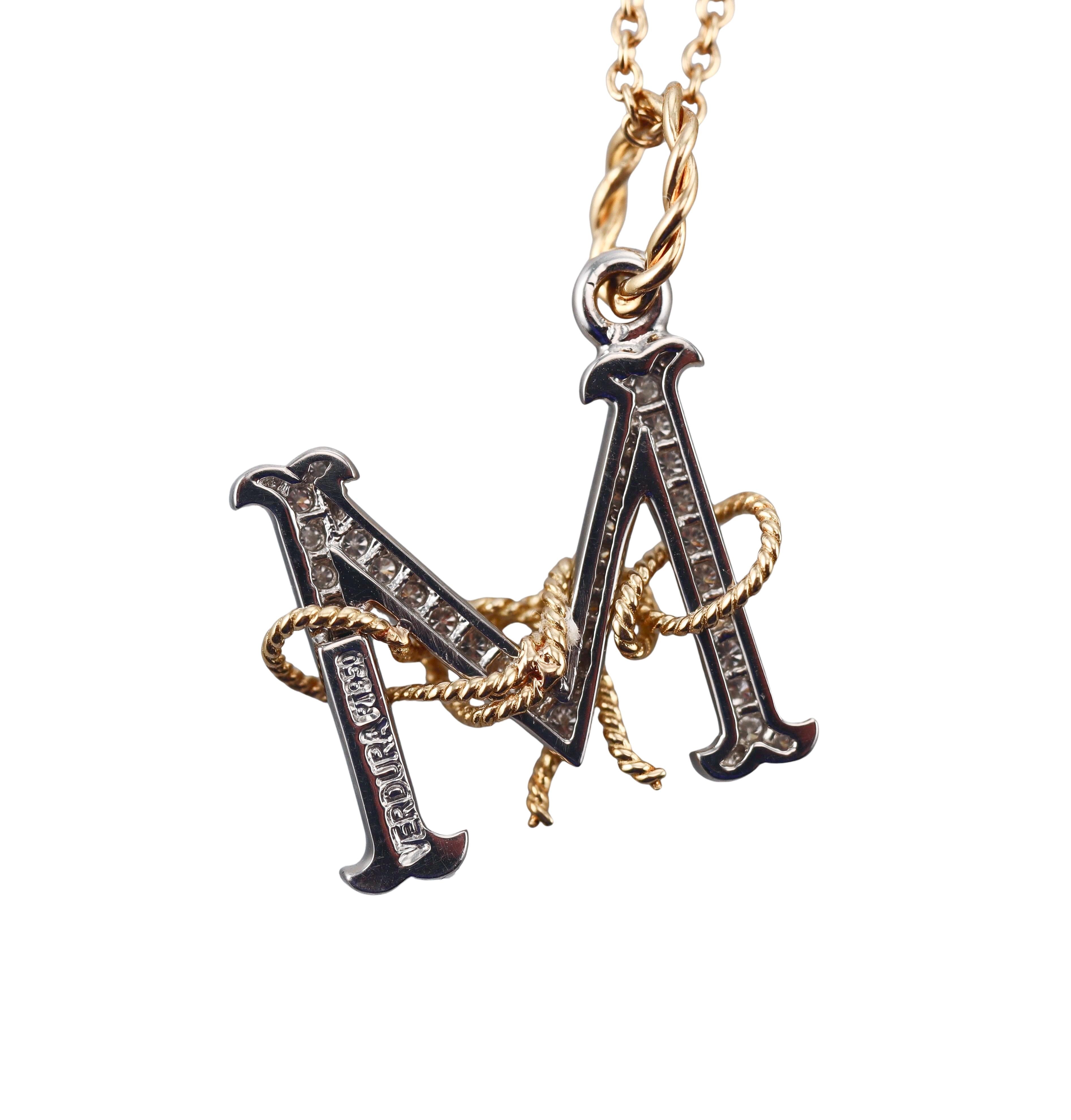 Verdura Diamond Gold Platinum Small Caps Letter M Pendant Necklace