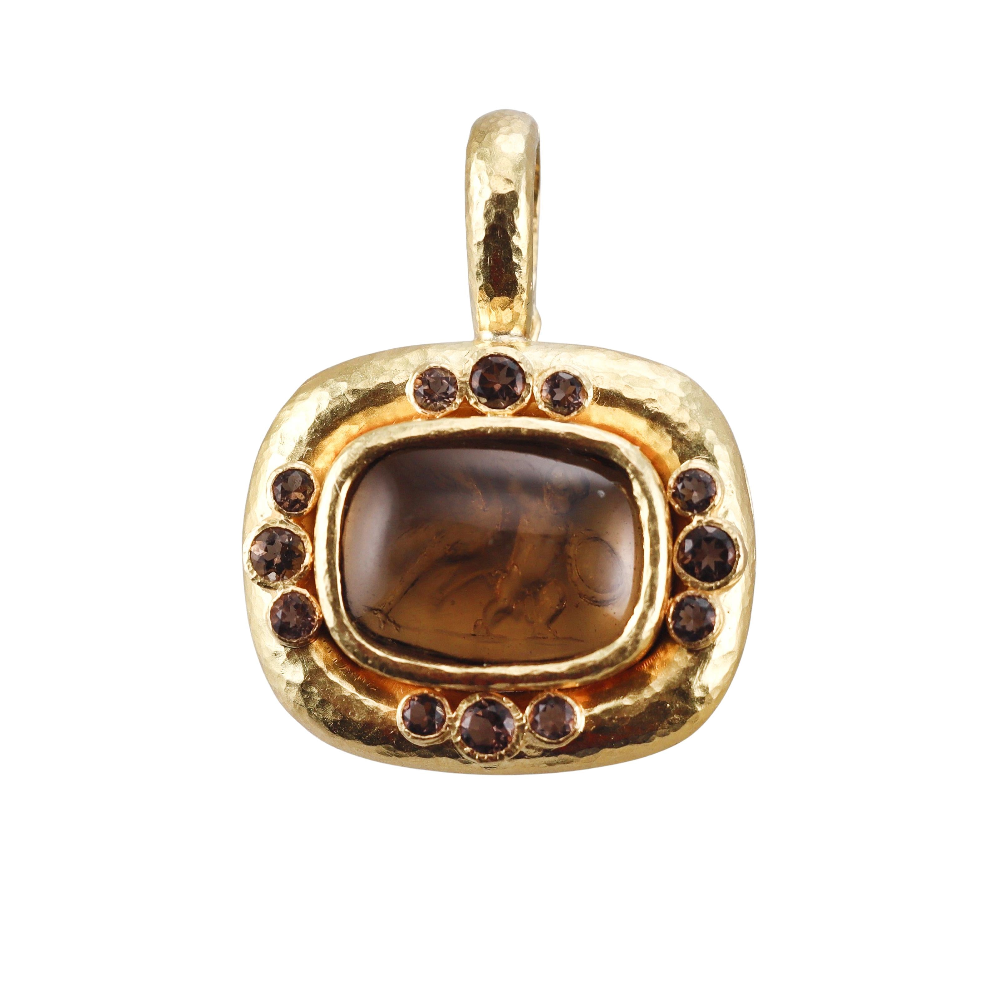 Elizabeth Locke Smokey Topaz Mother of Pearl Intaglio Gold Pendant