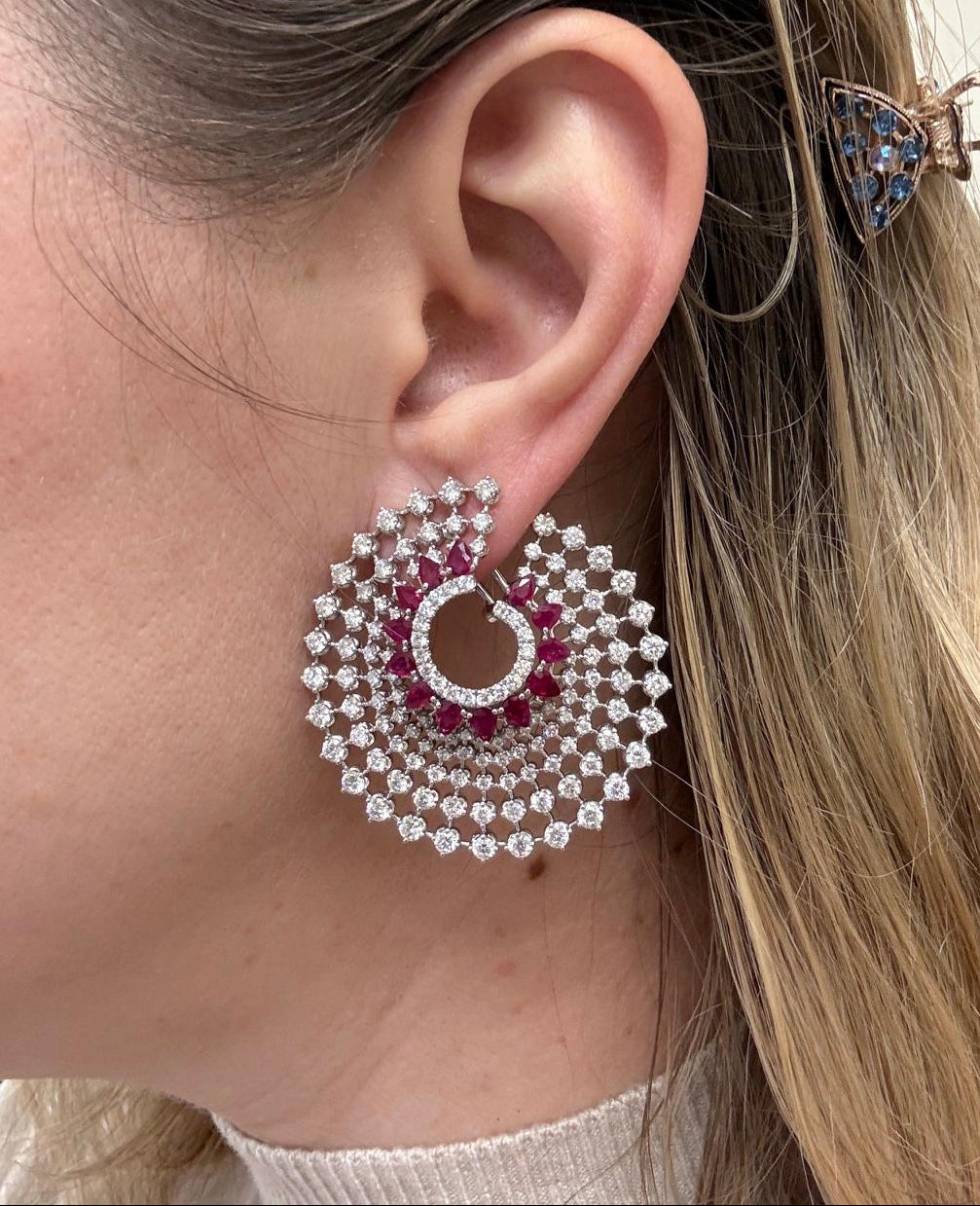 6.40 Carat Diamond Ruby Gold Fan Earrings