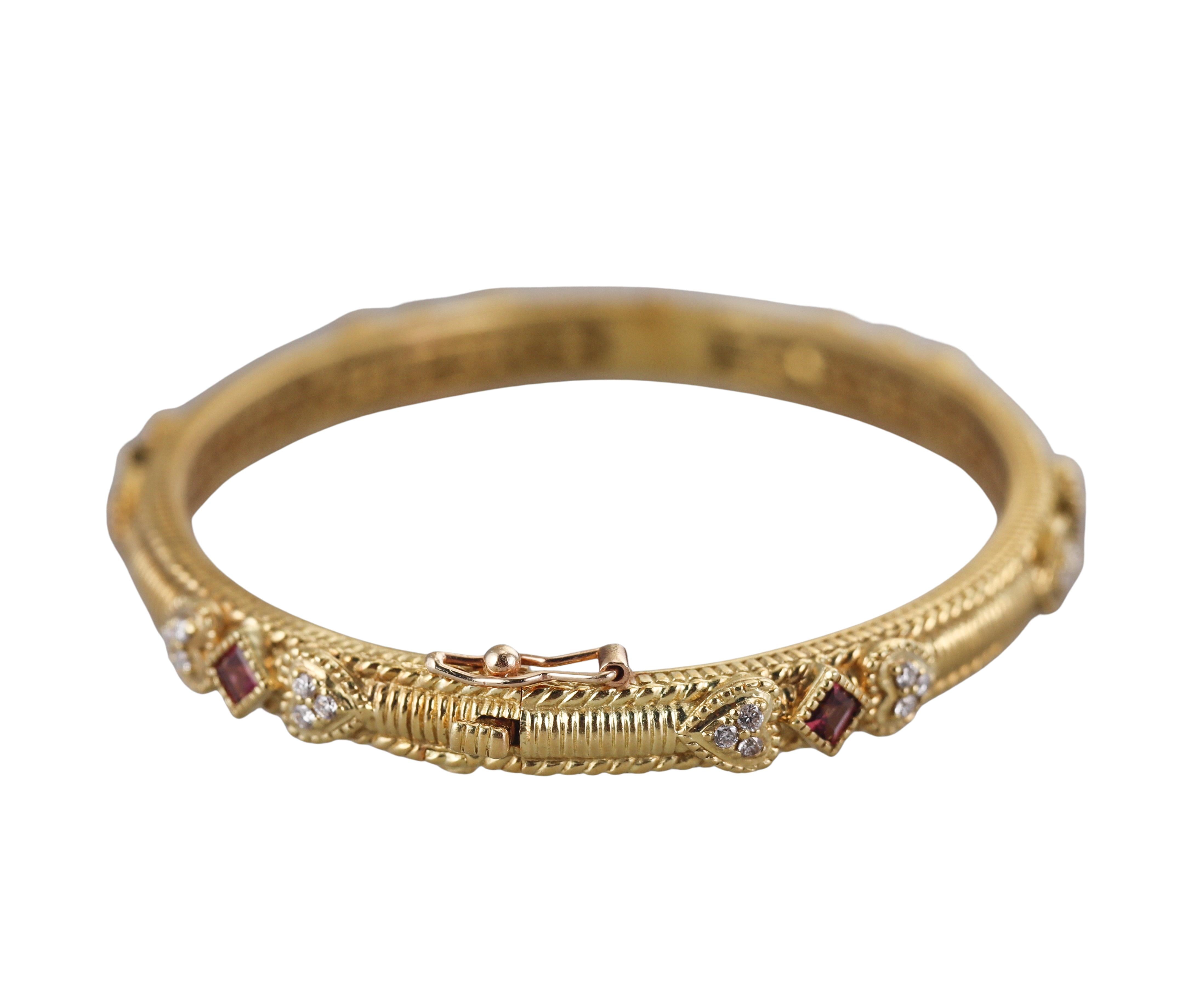 Judith Ripka Diamond Pink Tourmaline Gold Bangle Bracelet