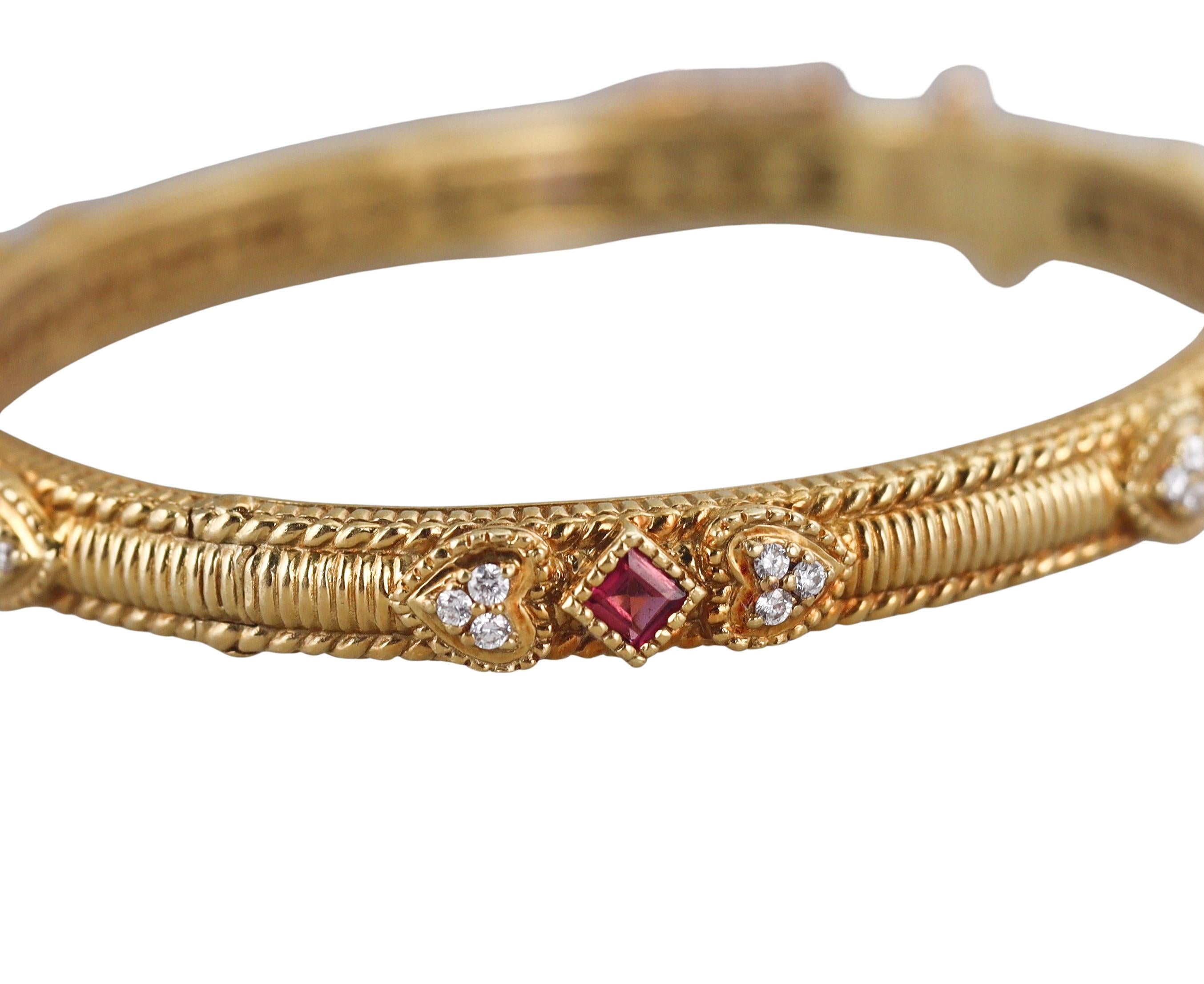 Judith Ripka Diamond Pink Tourmaline Gold Bangle Bracelet