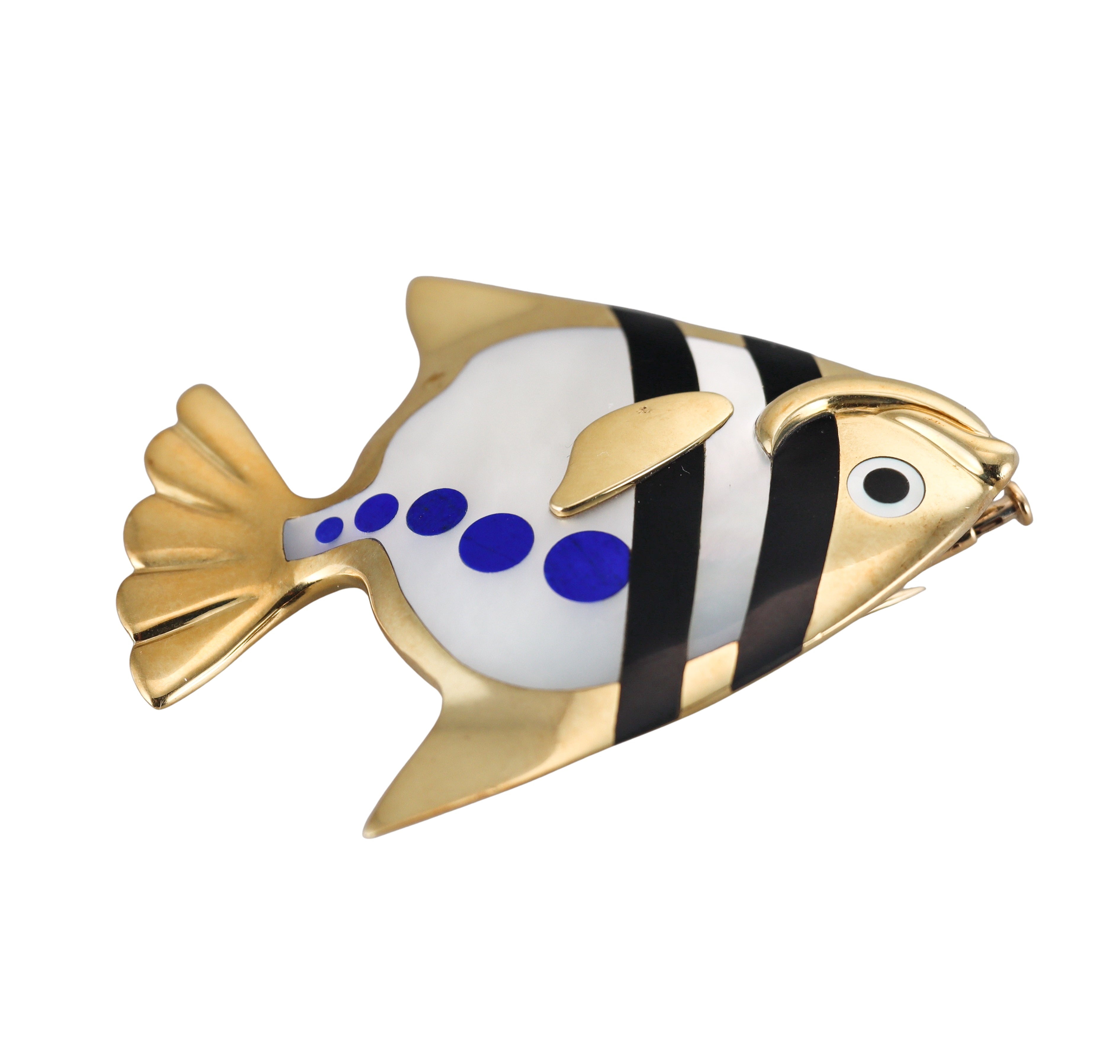 Tiffany & Co Black Jade MOP Lapis Gold Fish Brooch