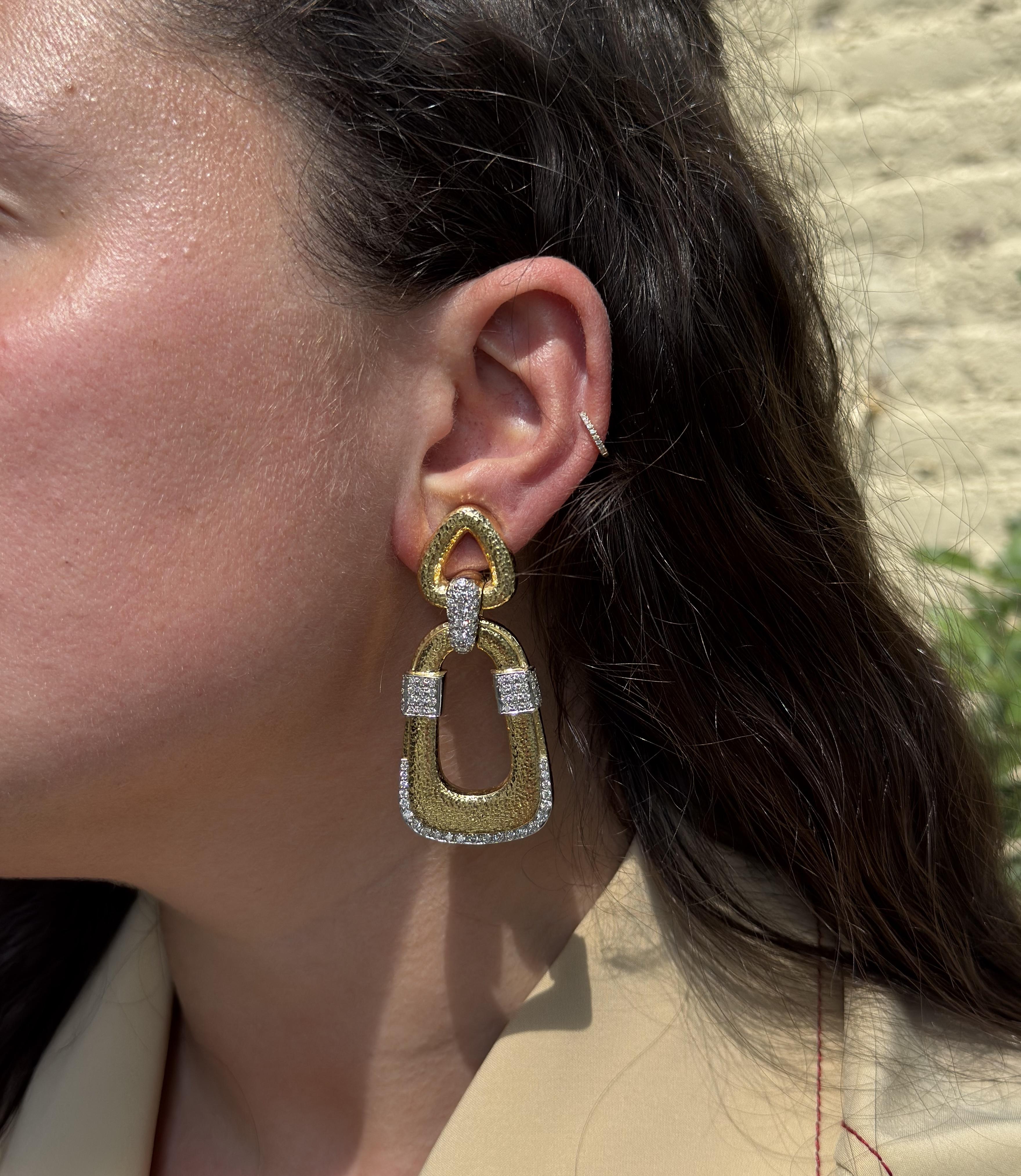David Webb Plaza Diamond Gold Platinum Doorknocker Earrings