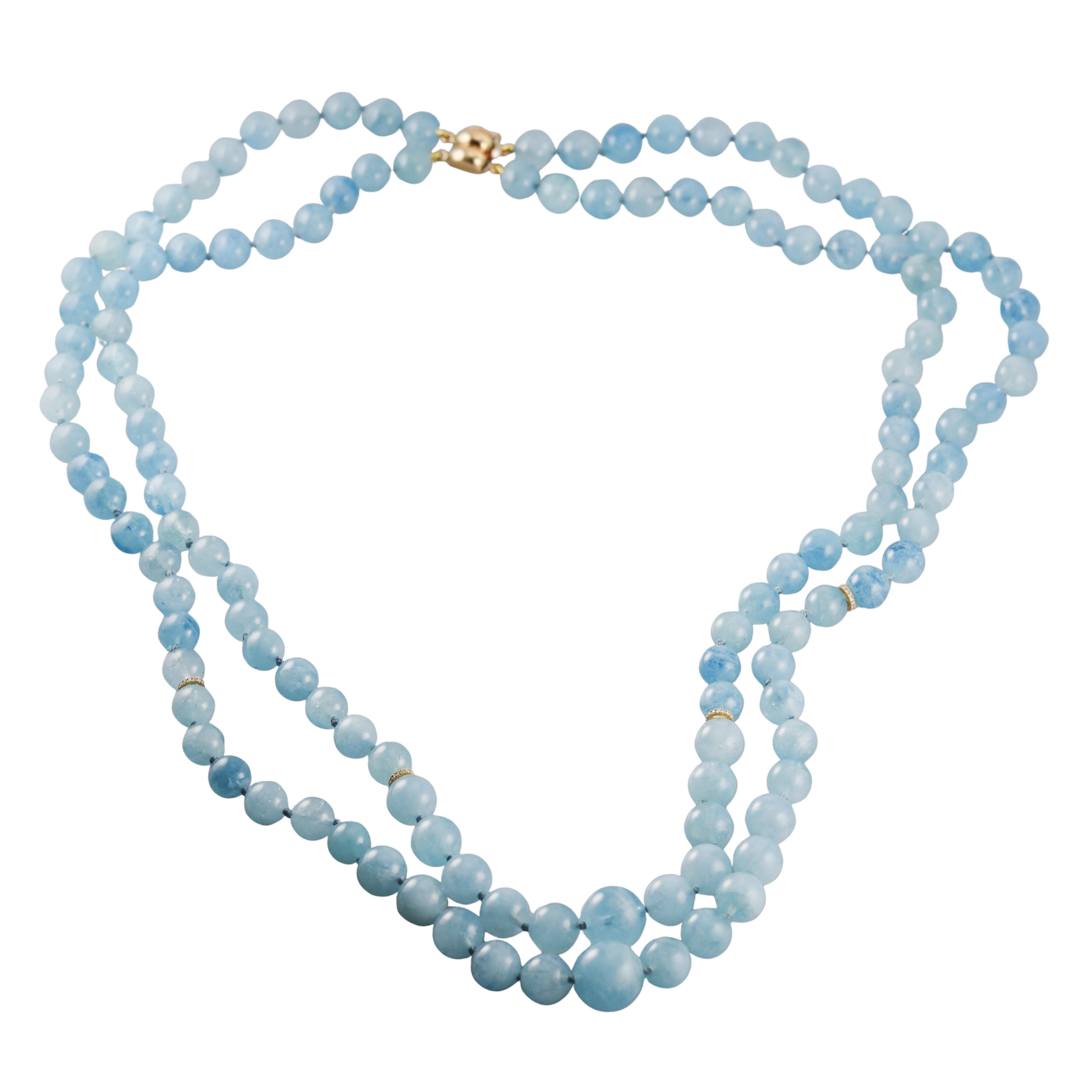 Italian Aquamarine Bead Diamond Gold Double Strand Necklace