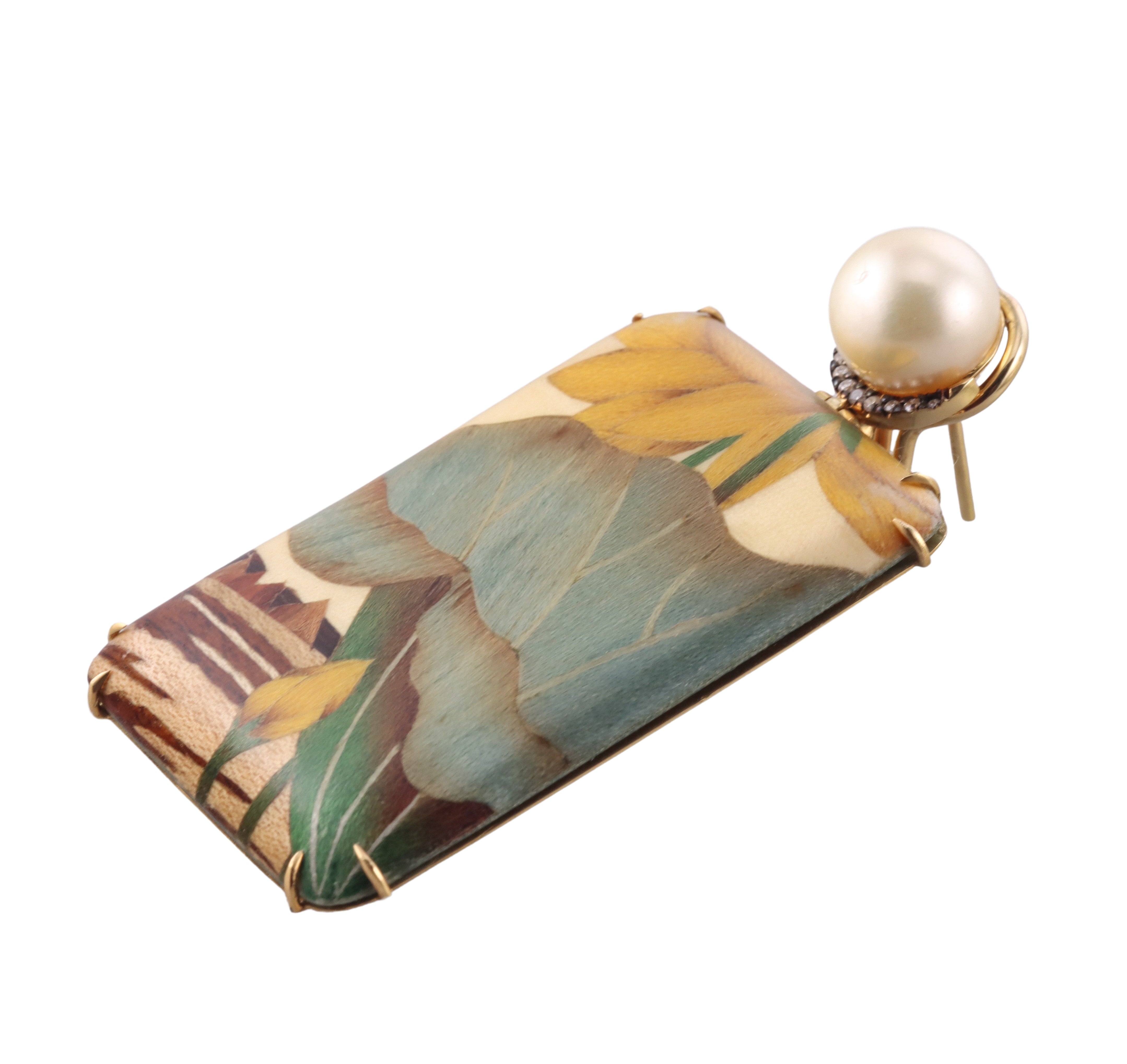 Silvia Furmanovich Pearl Diamond Gold Wood Marquetry Earrings