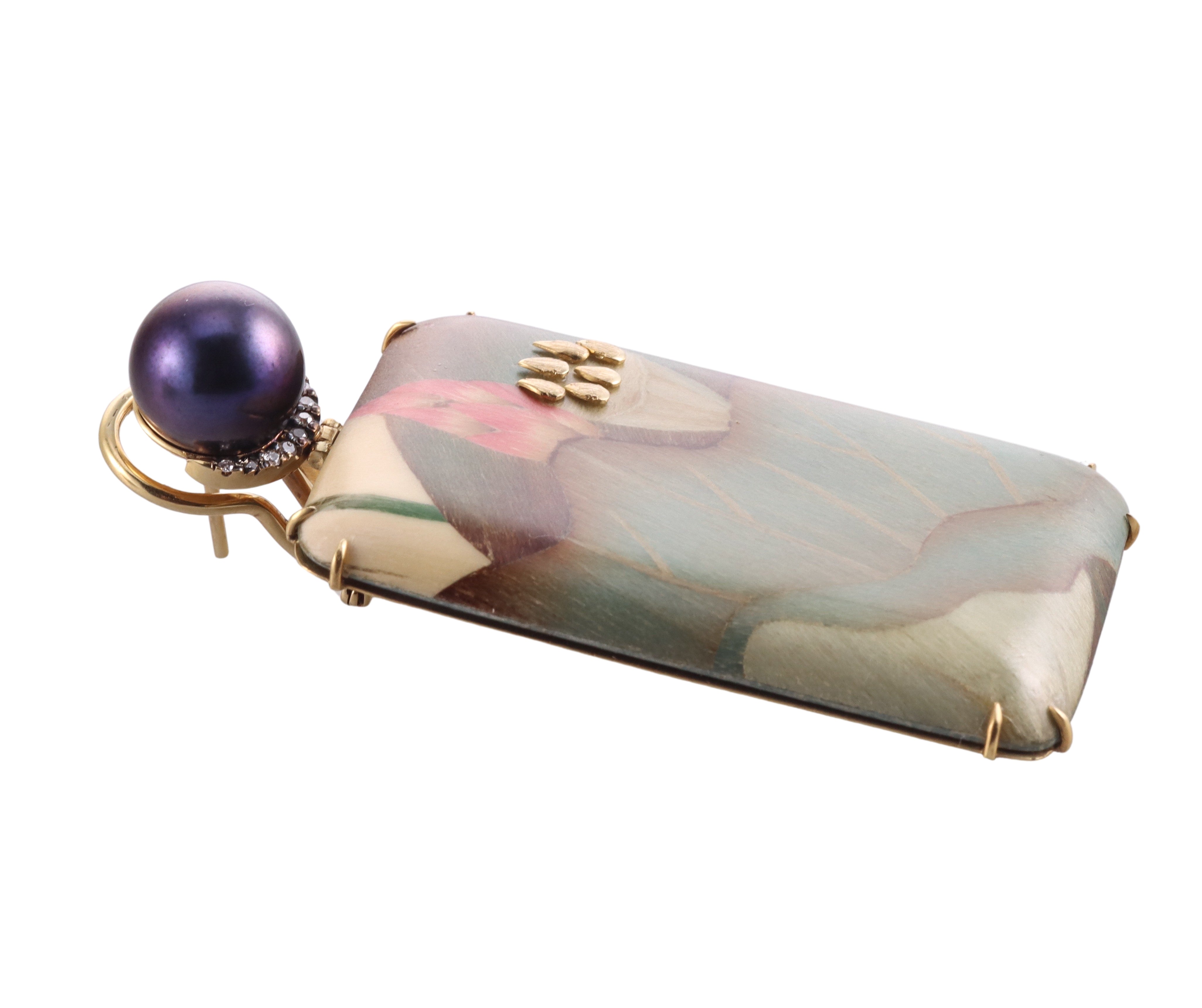 Silvia Furmanovich Pearl Diamond Gold Wood Marquetry Earrings