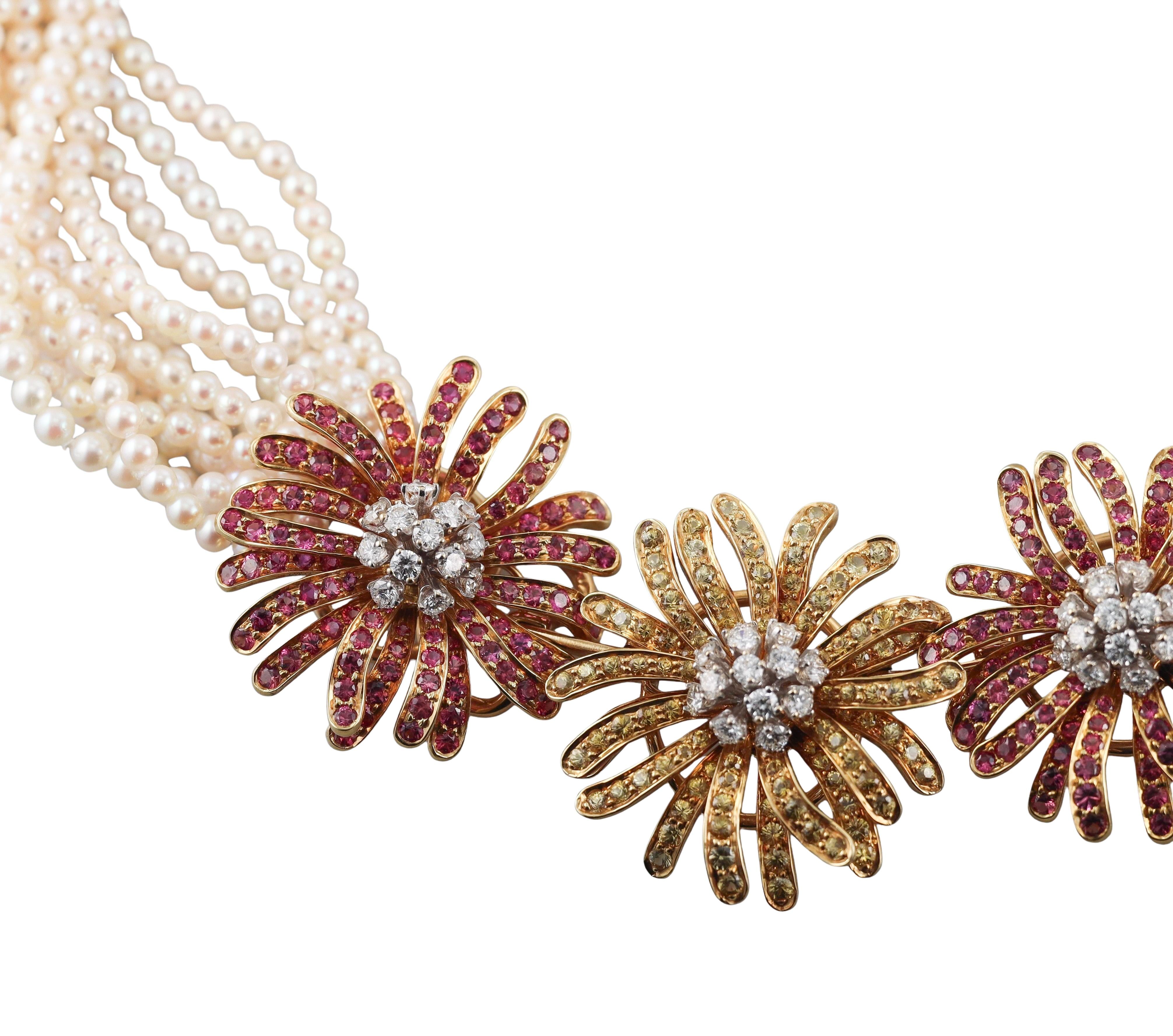 Jean Vitau Pearl Pink Yellow Sapphire Diamond Gold Flower Torsade Necklace