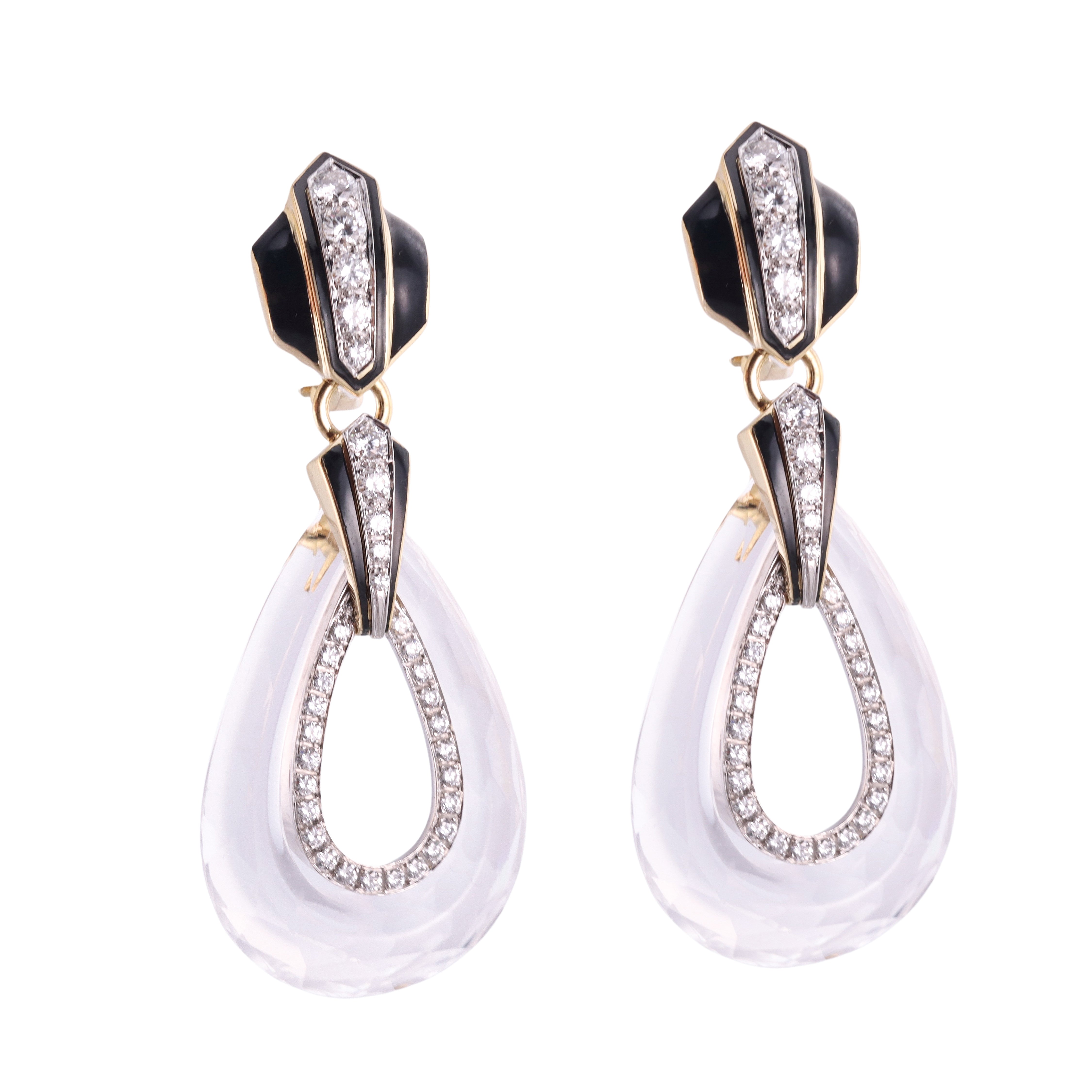 David Webb Crystal Diamond Enamel Gold Platinum Drop Earrings