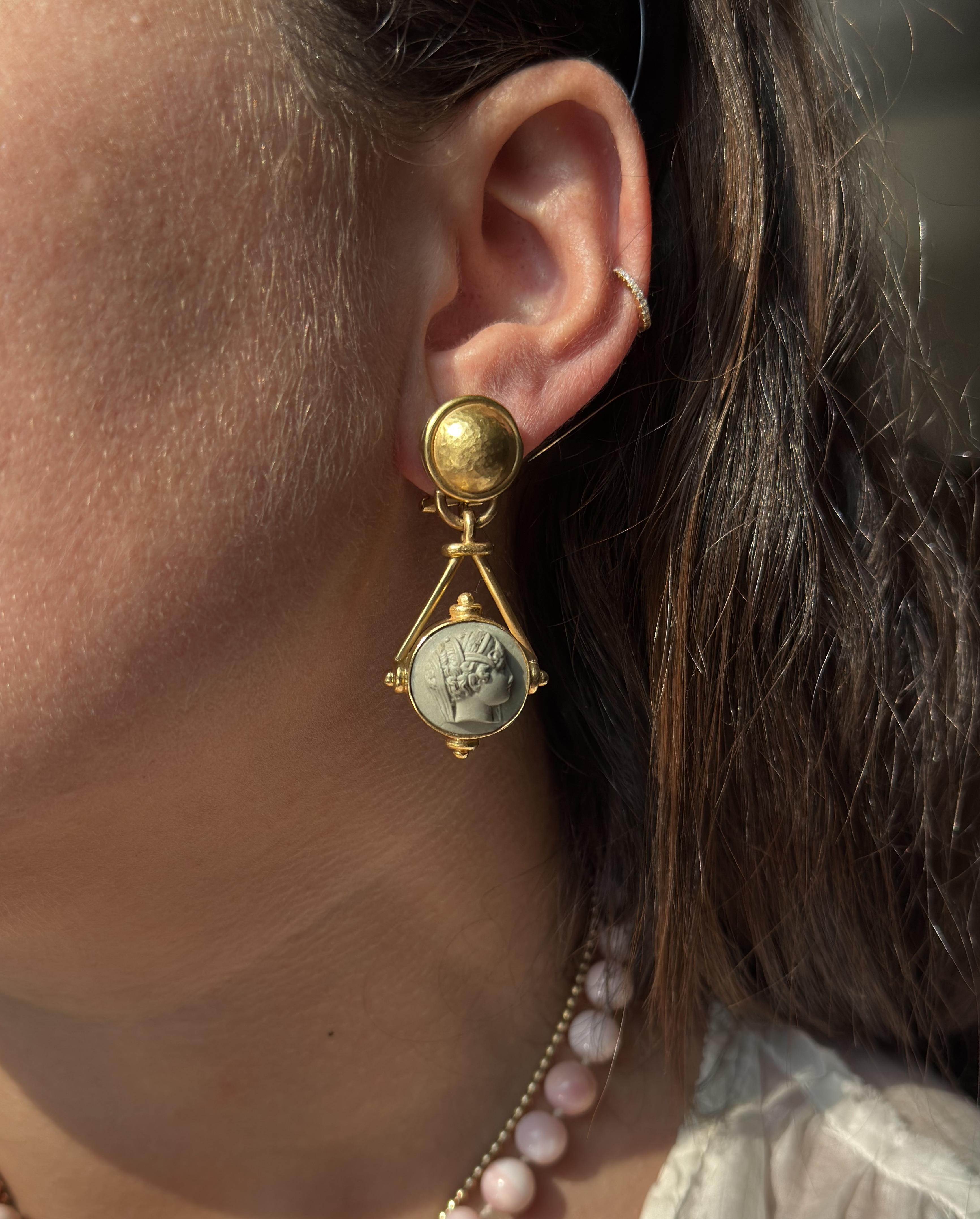 Elizabeth Locke Lava Cameo Gold Drop Earrings
