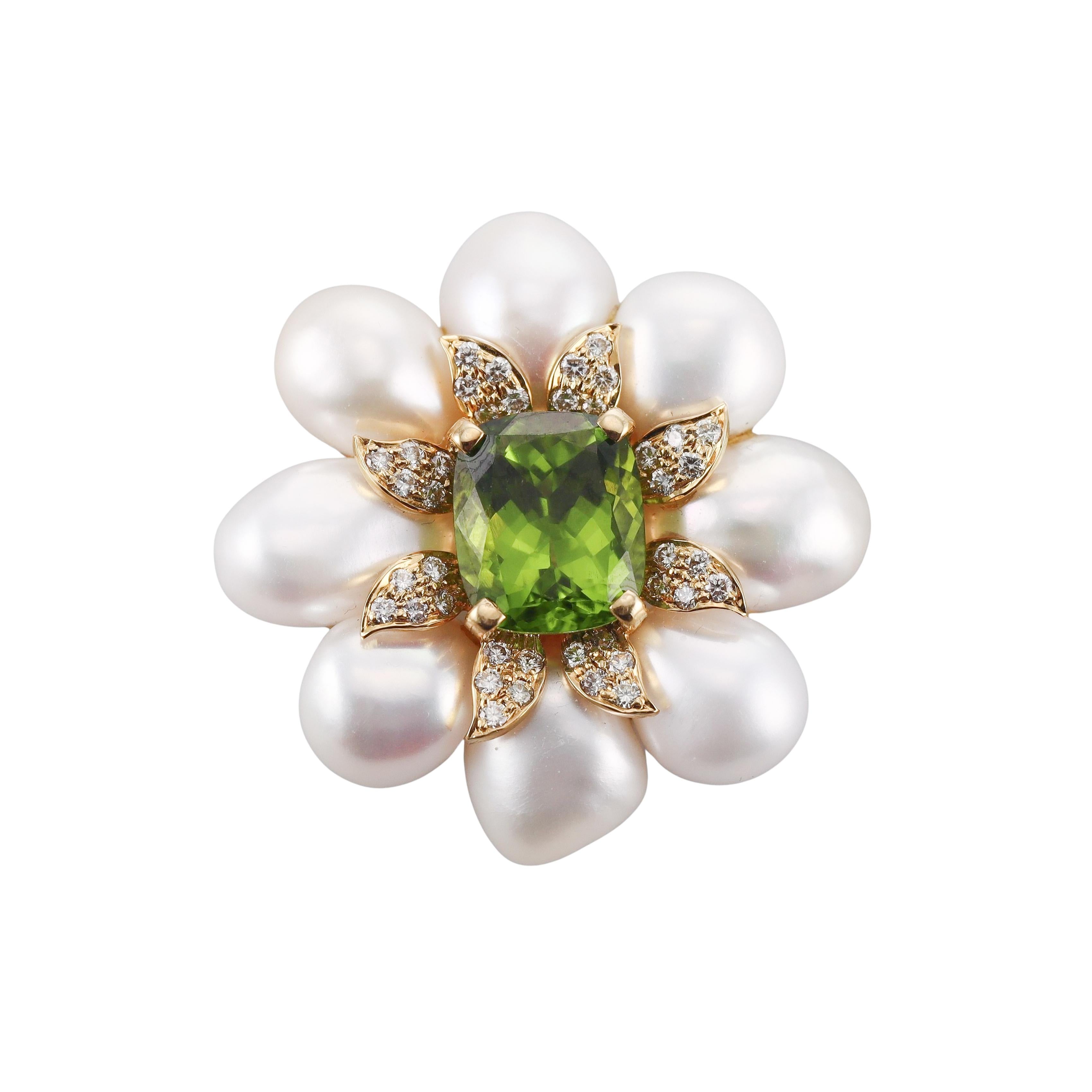 Peridot Pearl Diamond Floral Gold Brooch
