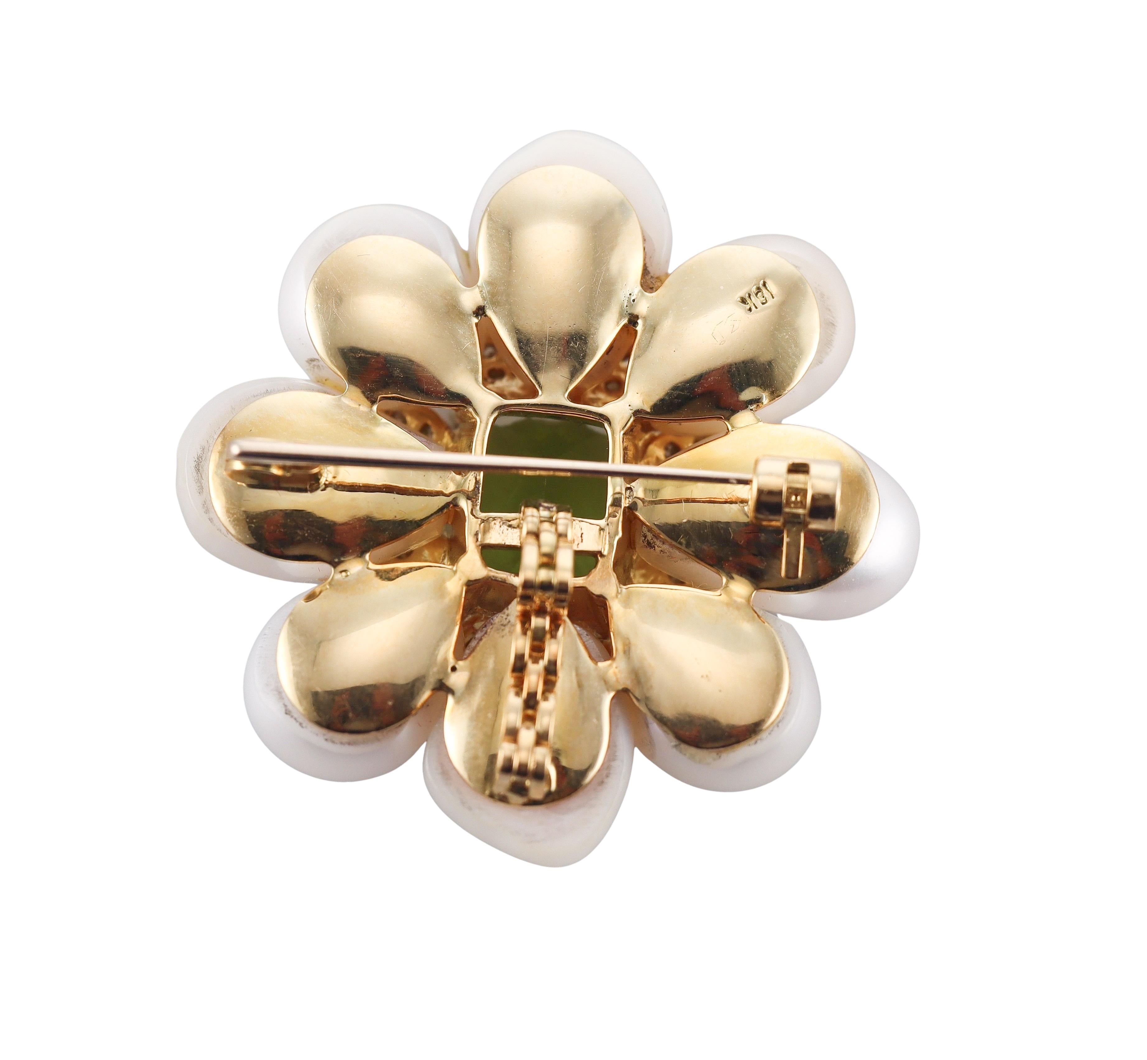 Peridot Pearl Diamond Floral Gold Brooch