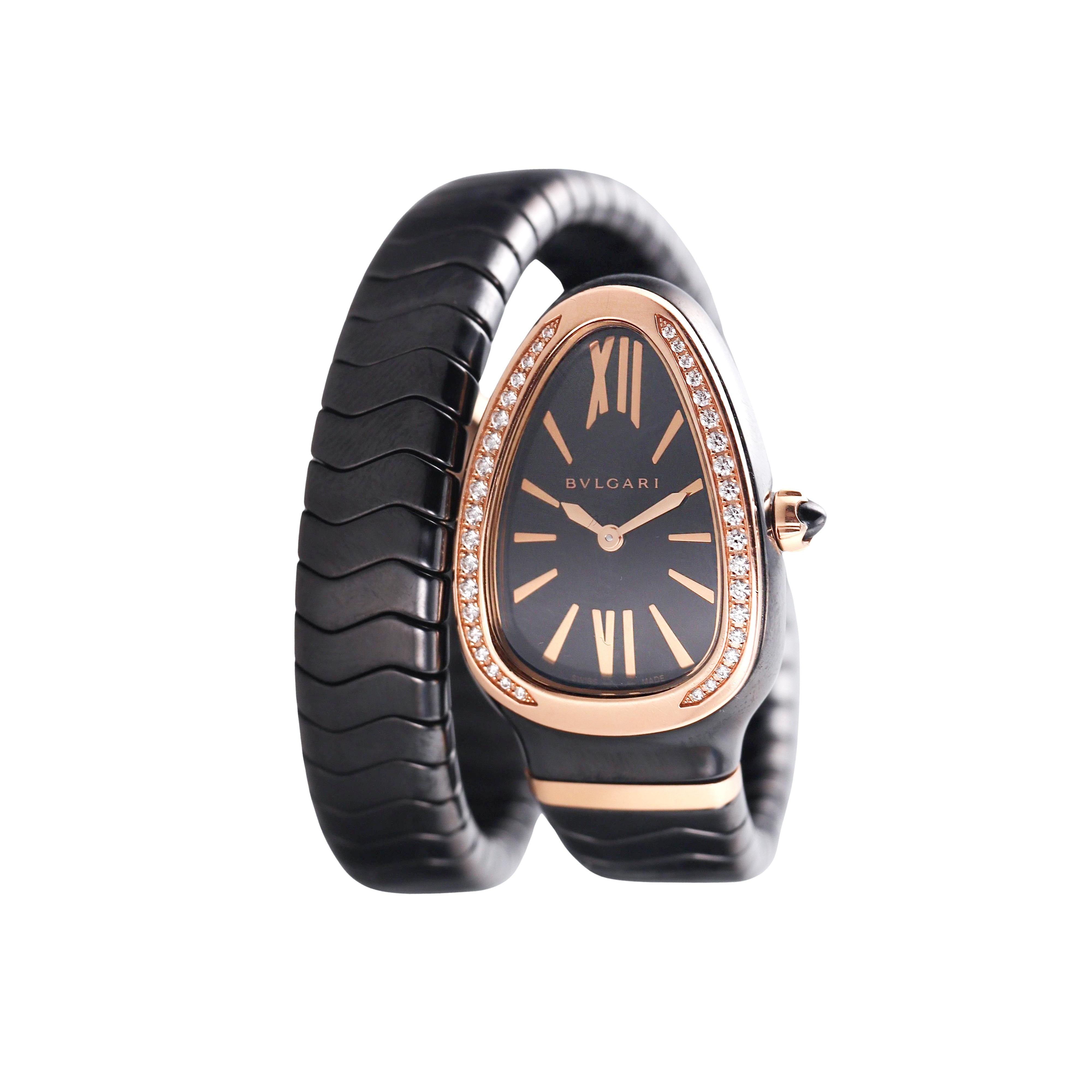 Bulgari Serpenti Spiga Rose Gold Ceramic Diamond Quartz Watch SP C 35 B G