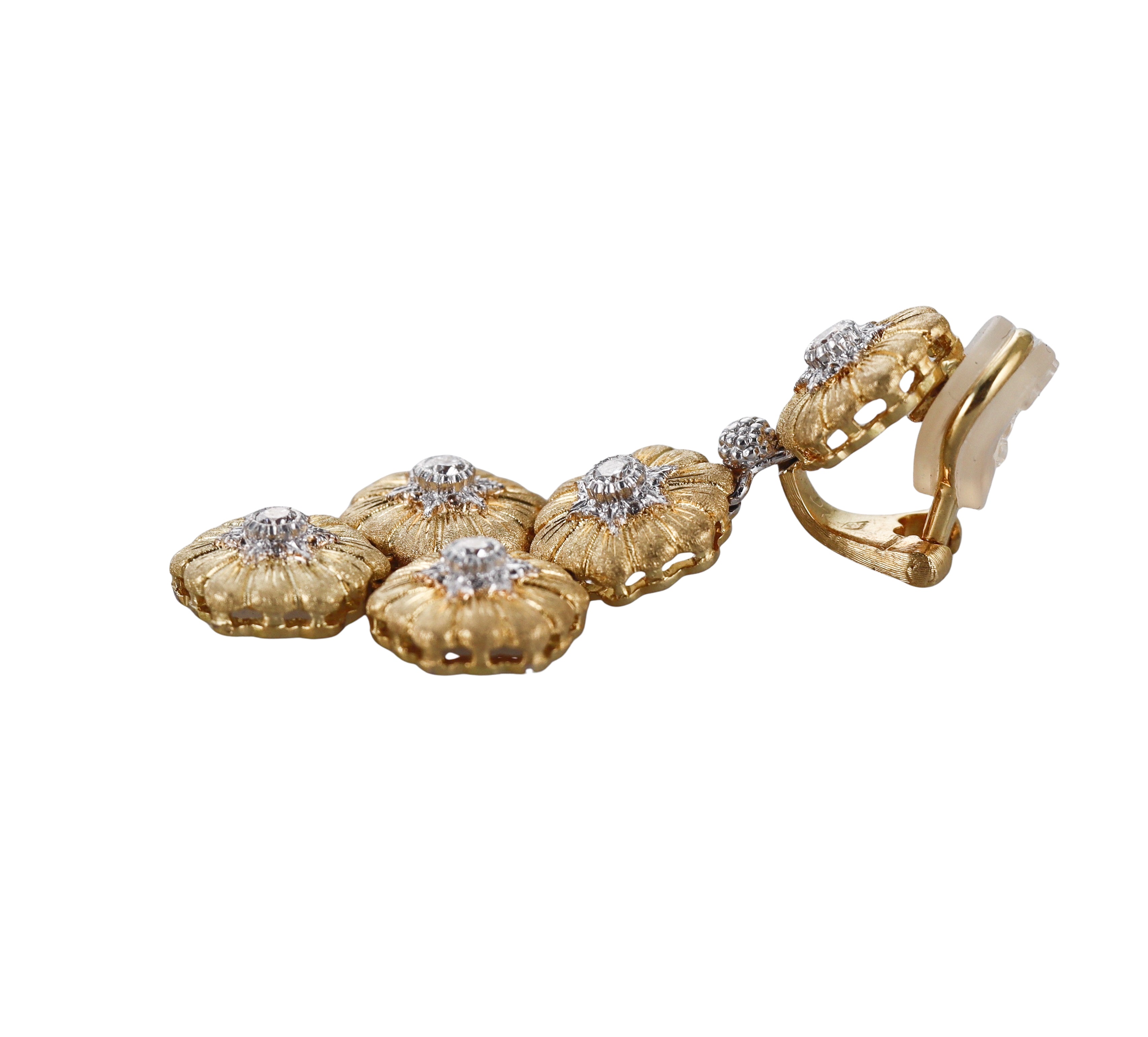 Buccellati Gold Diamond Flower Motif Drop Earrings