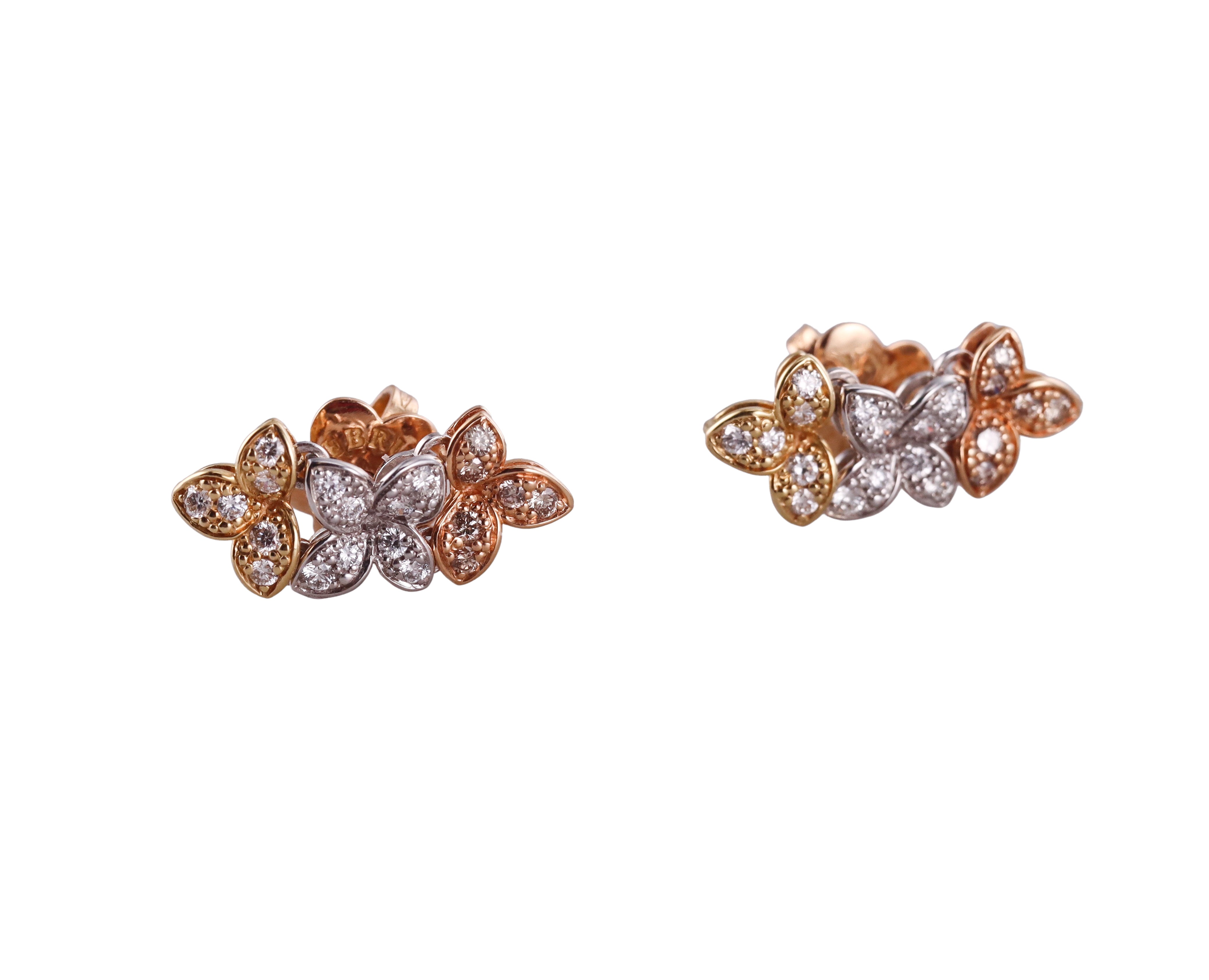 Pasquale Bruni Tri Color Gold Diamond Flower Earrings