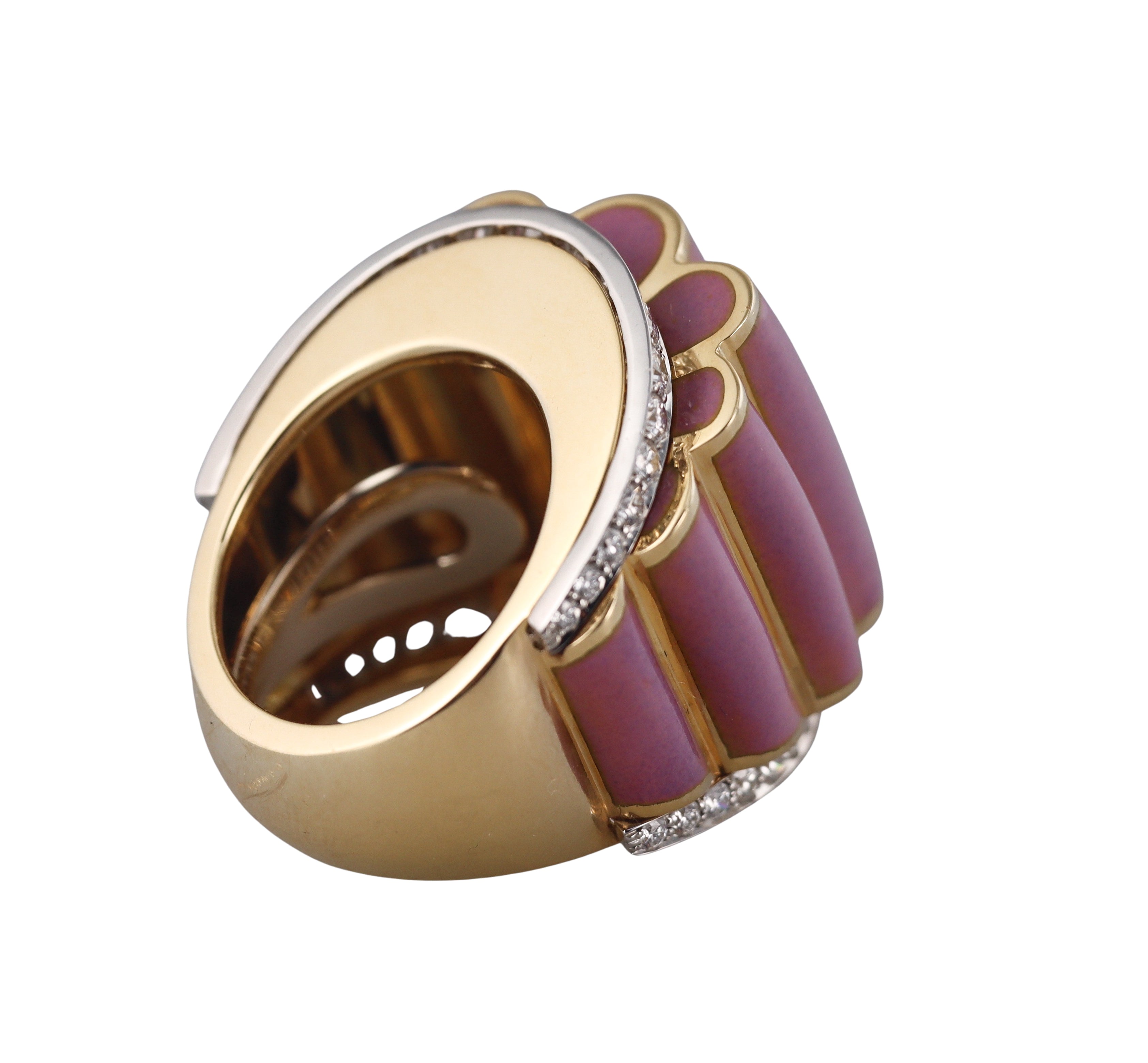 David Webb Pink Enamel Diamond Gold Platinum Scallop Ring