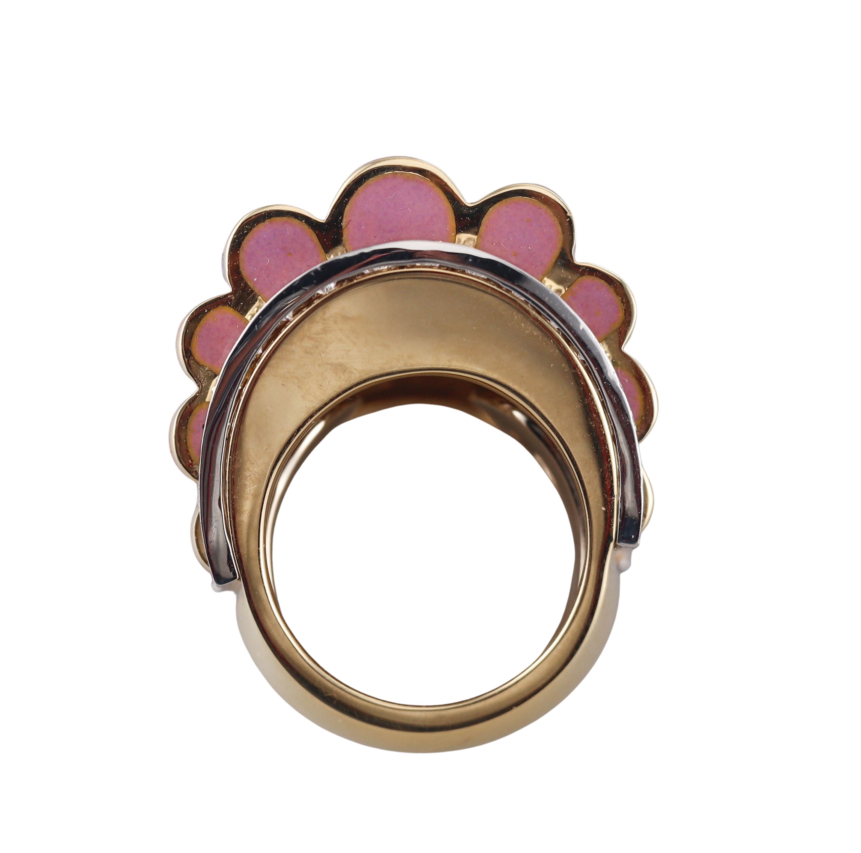 David Webb Pink Enamel Diamond Gold Platinum Scallop Ring