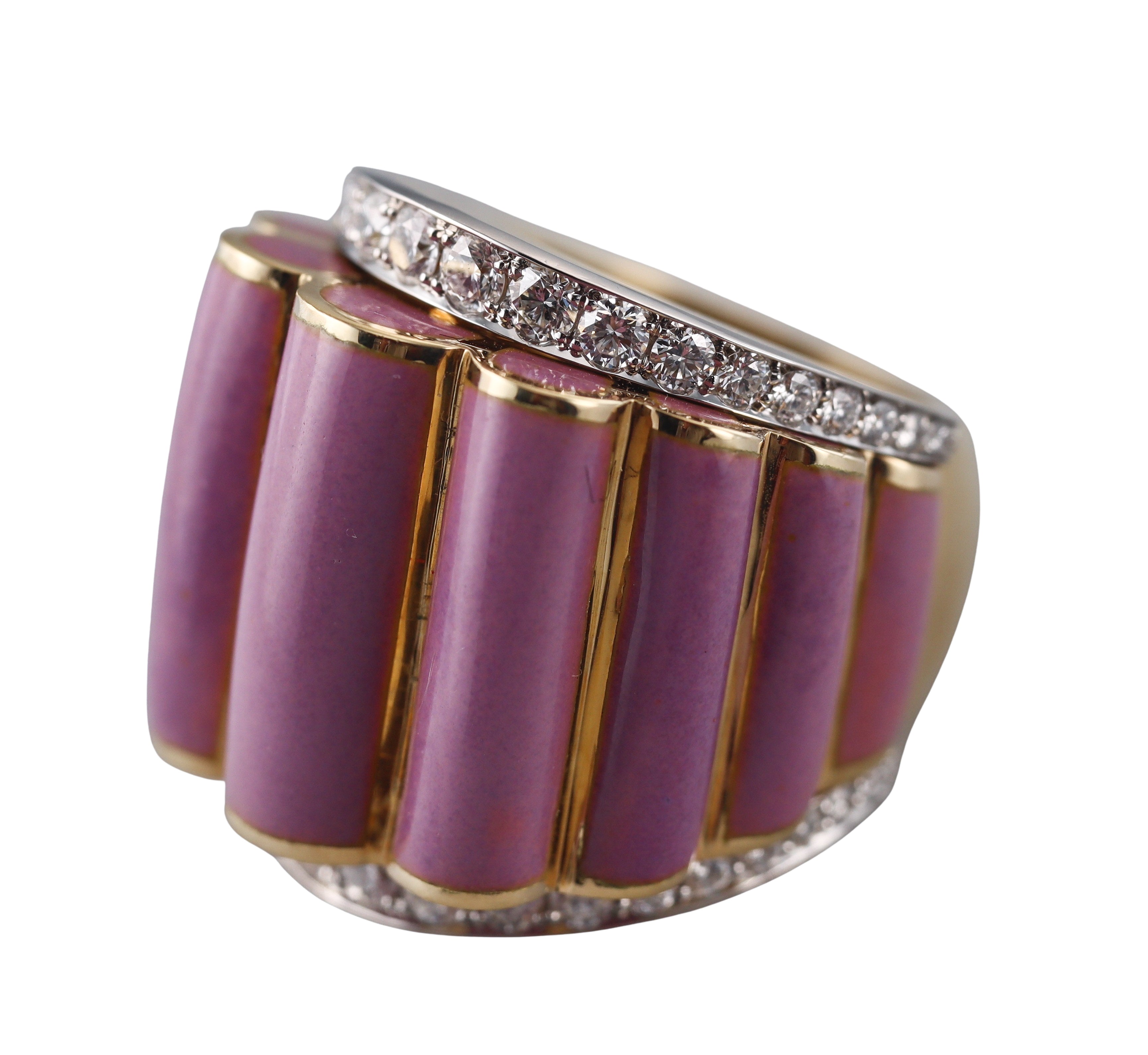 David Webb Pink Enamel Diamond Gold Platinum Scallop Ring